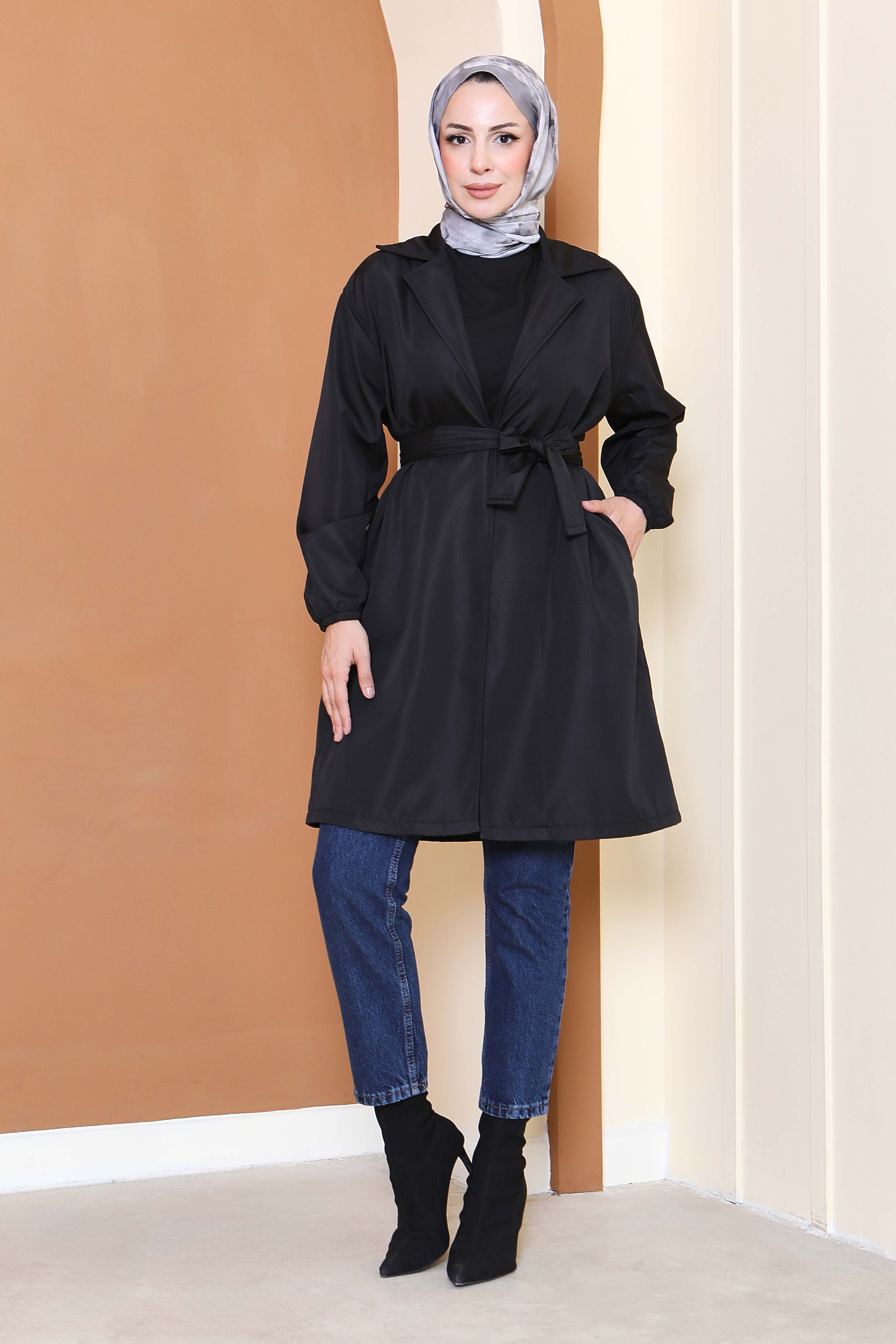 Kuşaklı Kolu Lastikli Miranda Trençkot - 27799-SIYAH - 2