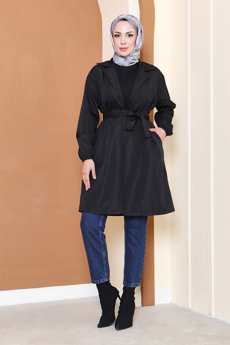 Kuşaklı Kolu Lastikli Miranda Trençkot - 27799-SIYAH - TOFİSA