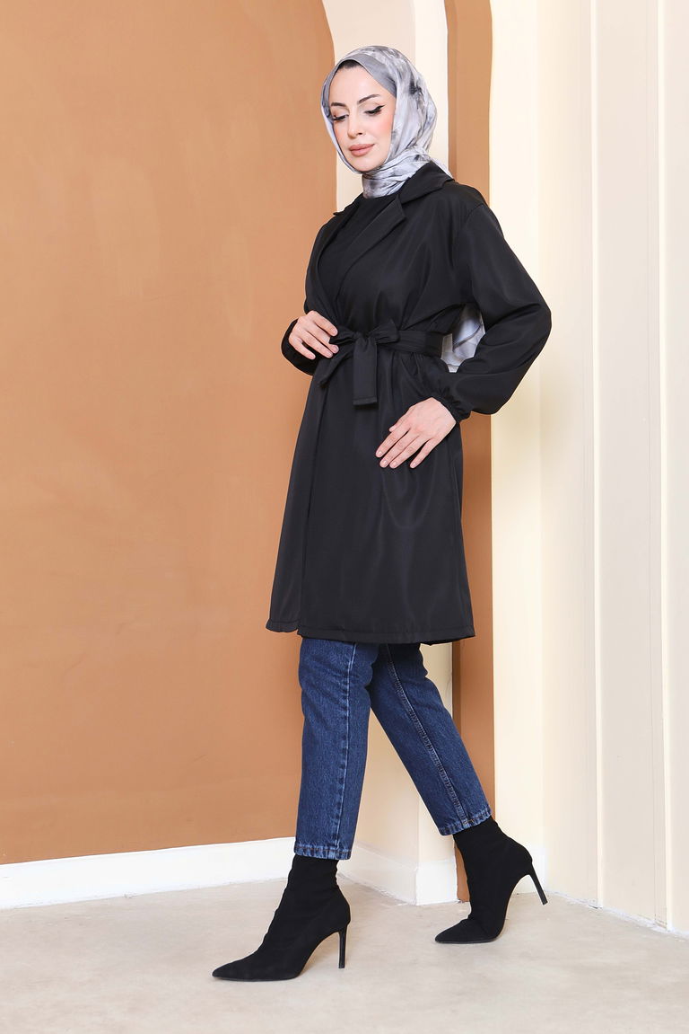 Kuşaklı Kolu Lastikli Miranda Trençkot - 27799-SIYAH - TOFİSA