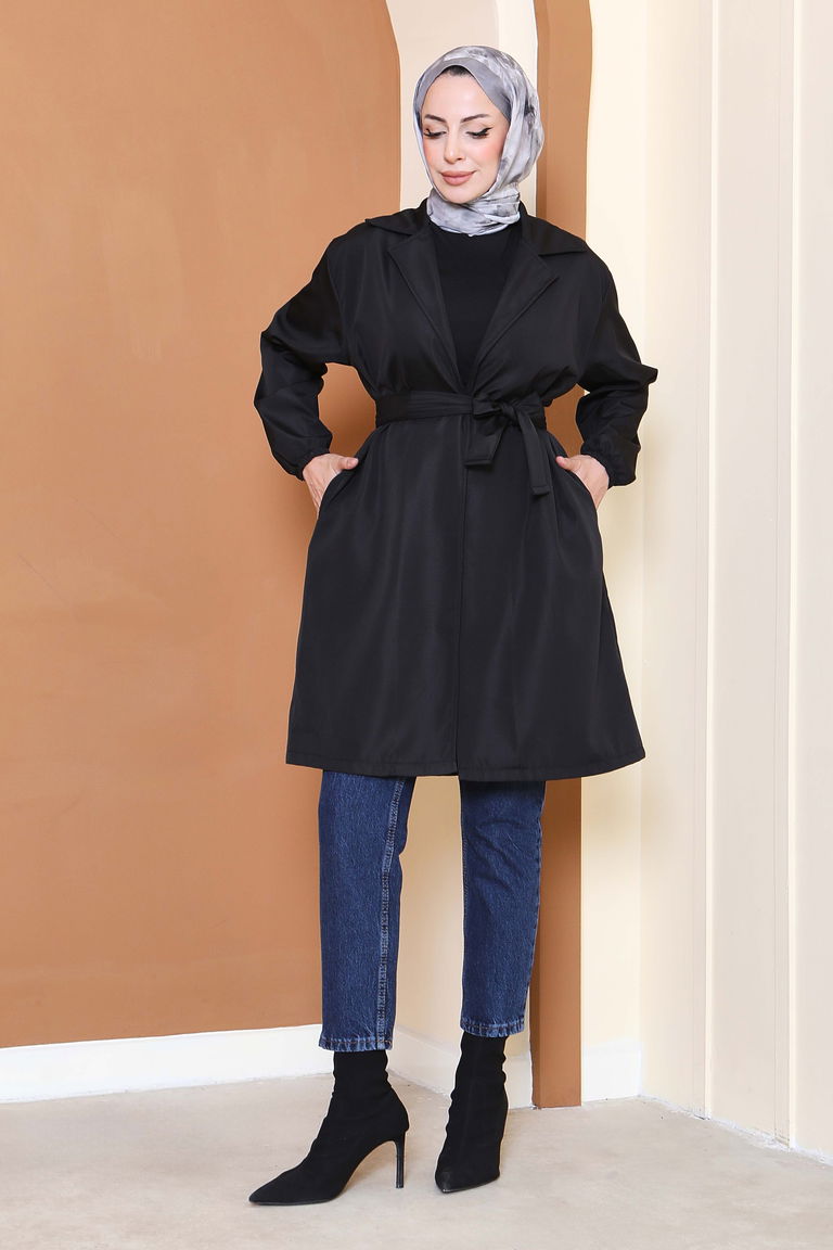 Kuşaklı Kolu Lastikli Miranda Trençkot - 27799-SIYAH - TOFİSA