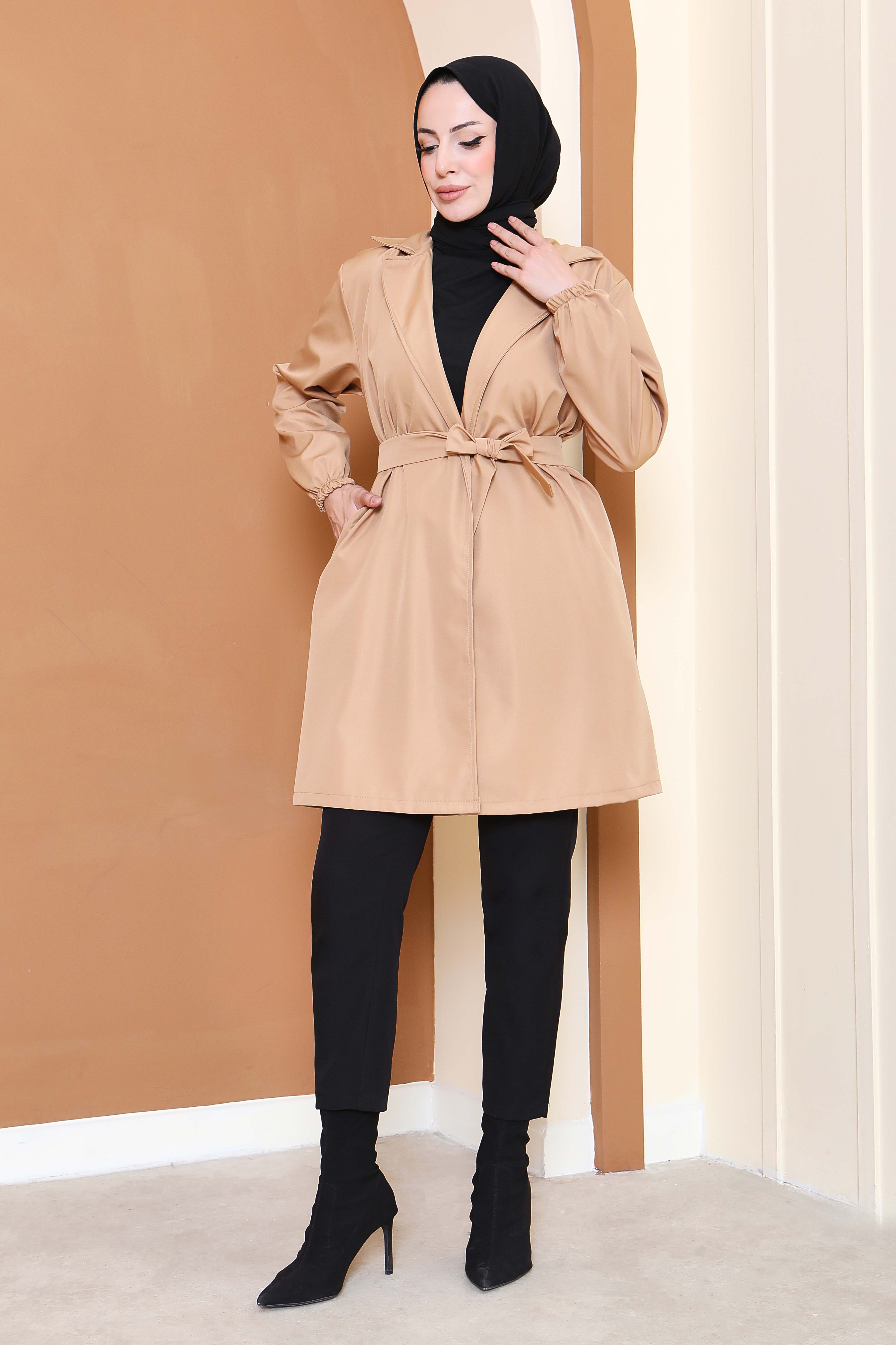 Kuşaklı Kolu Lastikli Miranda Trençkot - 27799-TABA - 2