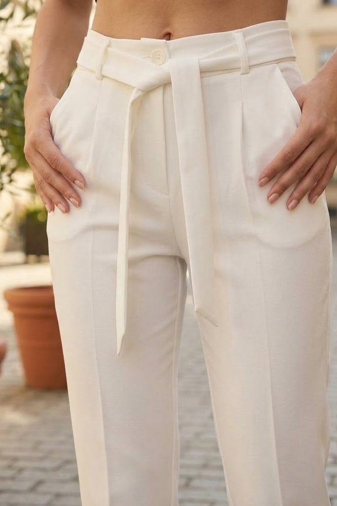 Kuşaklı Kumaş Pantolon Beyaz - 29101-BEYAZ - 3