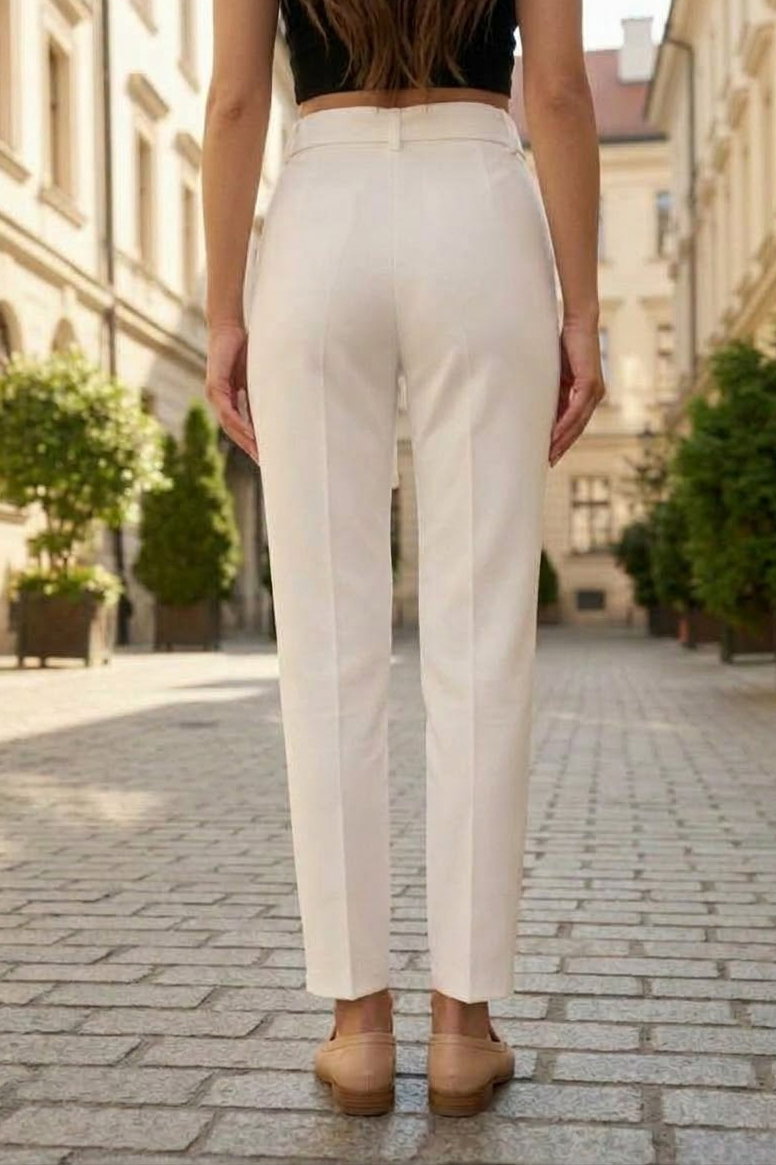 Kuşaklı Kumaş Pantolon Beyaz - 29101-BEYAZ - 4