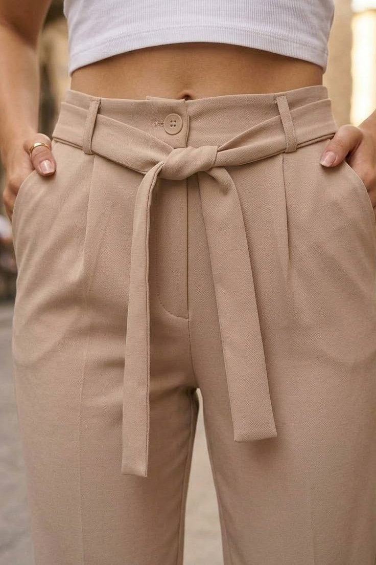 Kuşaklı Kumaş Pantolon Krem - 29101-KREM - 3
