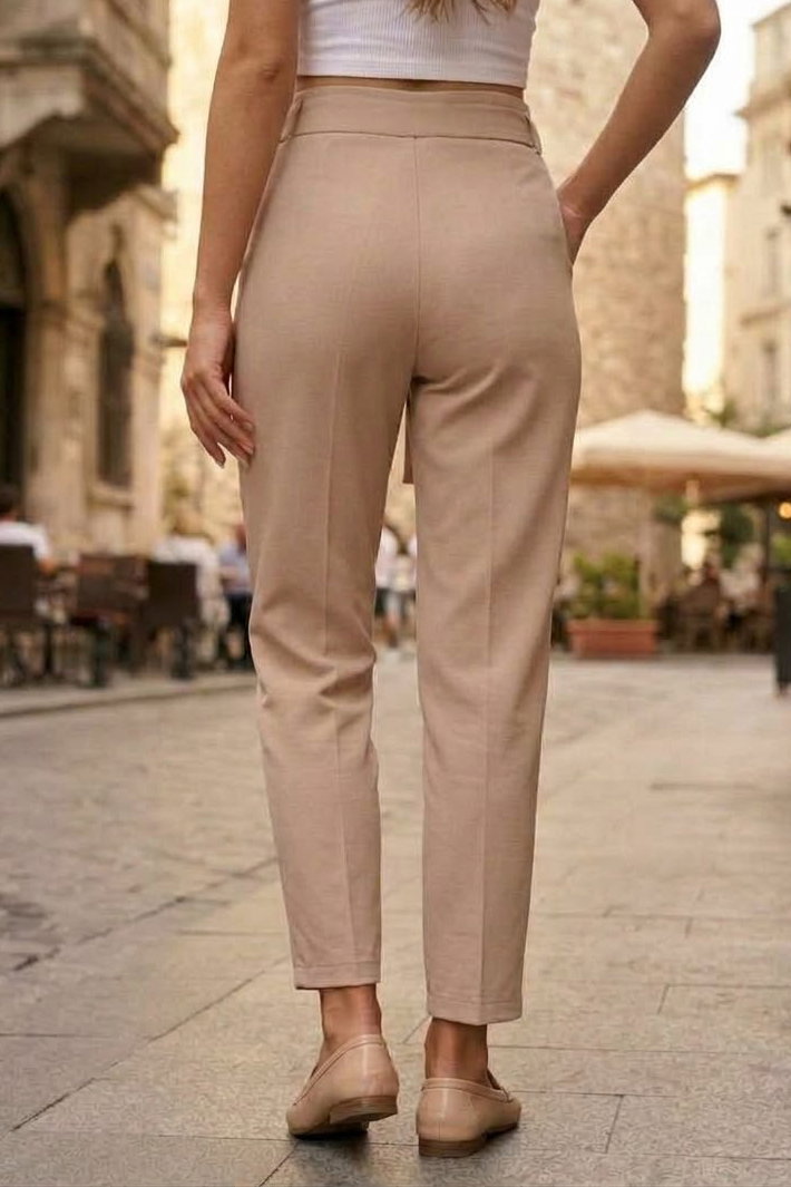 Kuşaklı Kumaş Pantolon Krem - 29101-KREM - 4