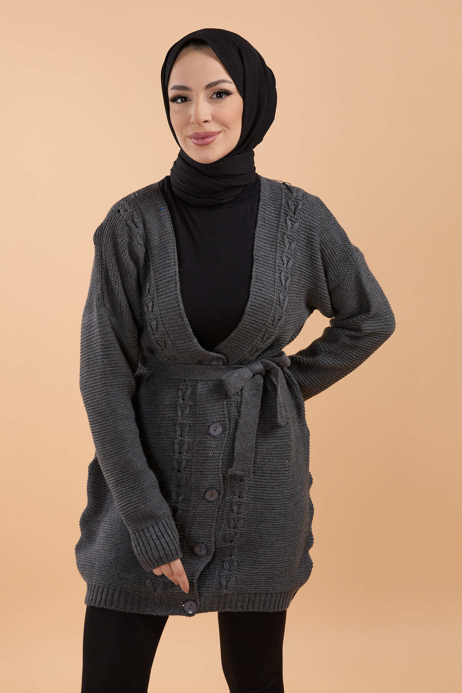 Kuşaklı Örgü Detaylı Triko Hırka - 27652 - 2