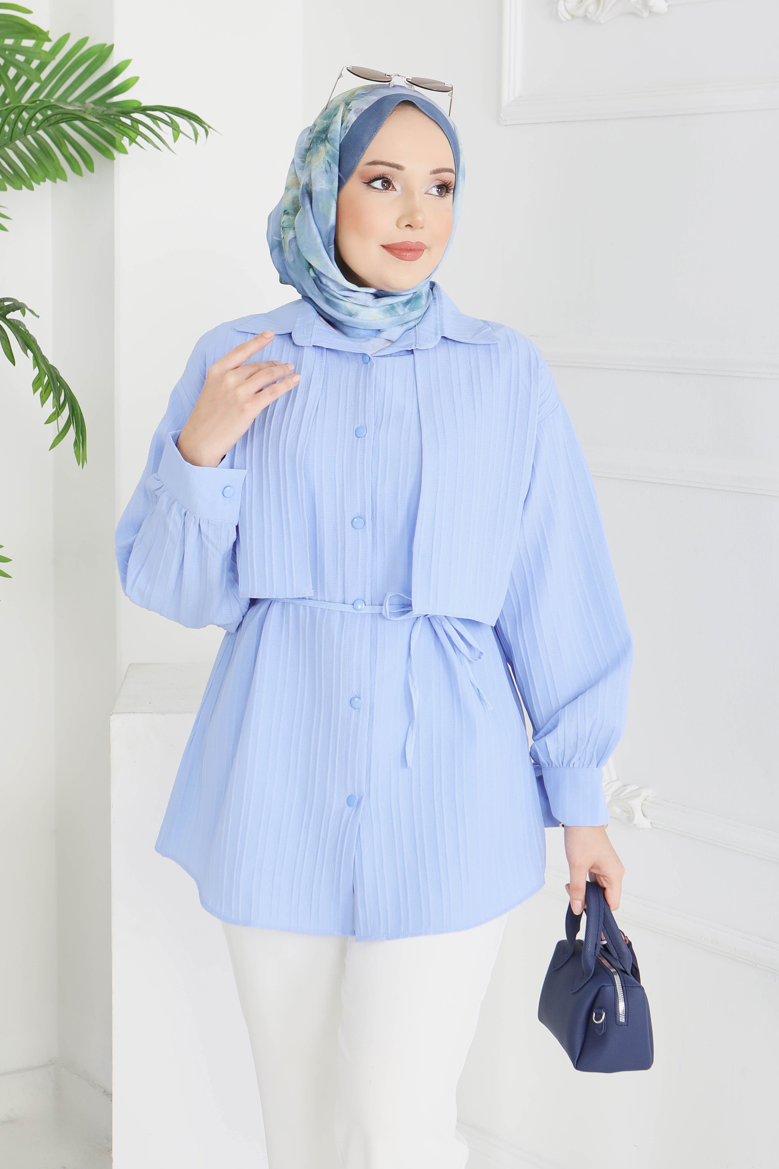 Kuşaklı Pelerin Detaylı Tunik - 28211-BEBE-MAVI - 3