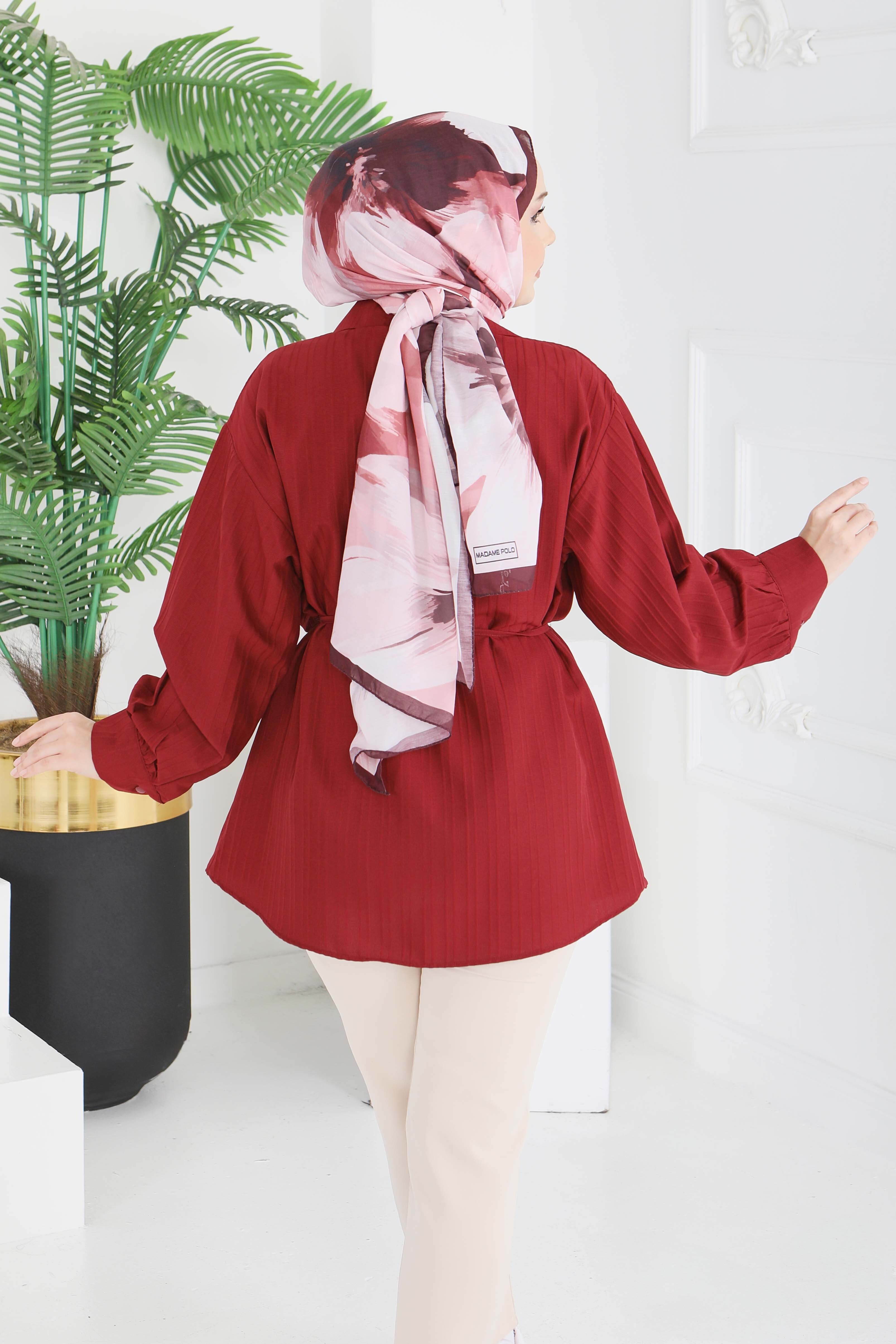 Kuşaklı Pelerin Detaylı Tunik - 28211-BORDO - 4