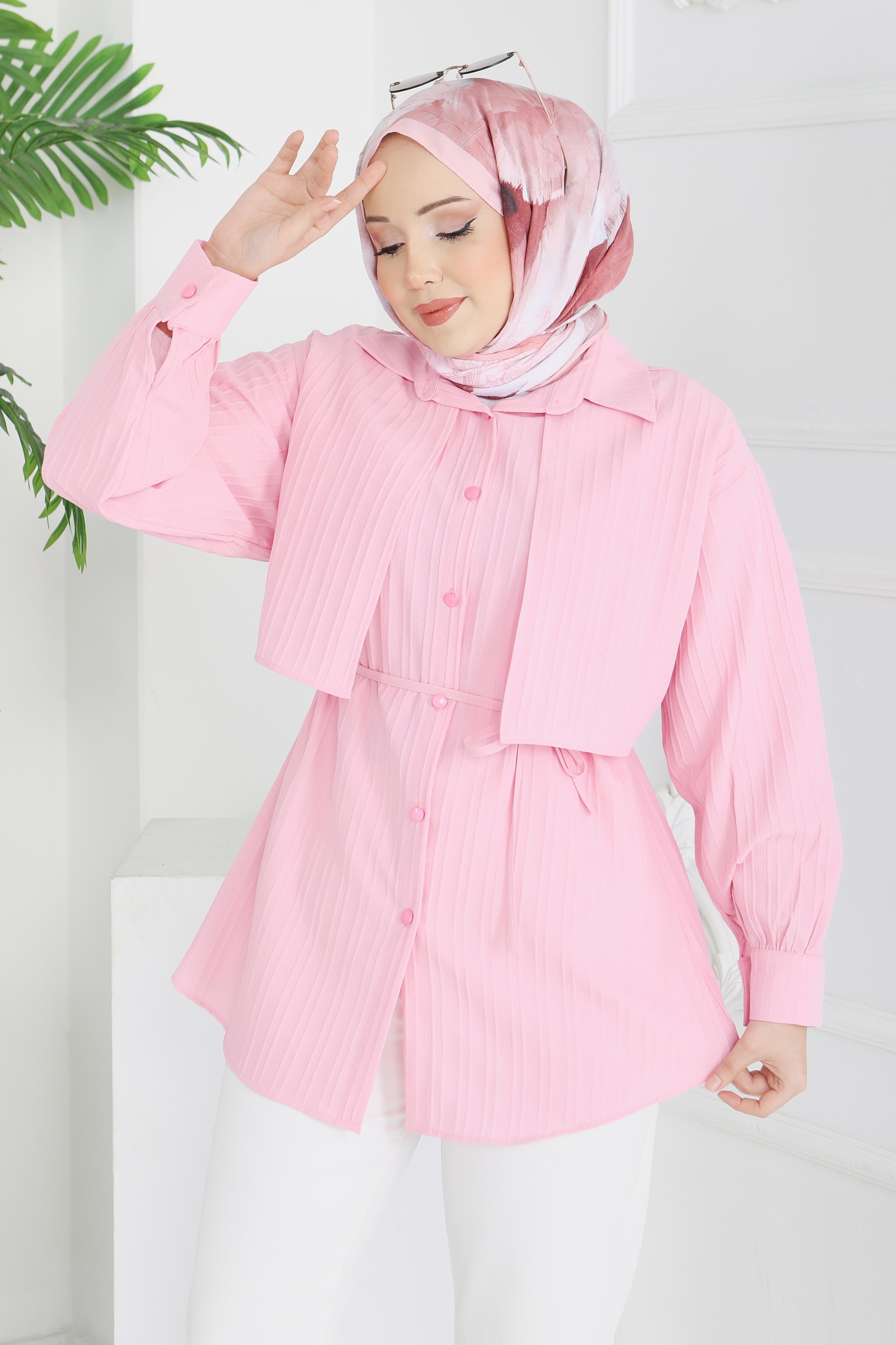 Kuşaklı Pelerin Detaylı Tunik - 28211-PEMBE - 3