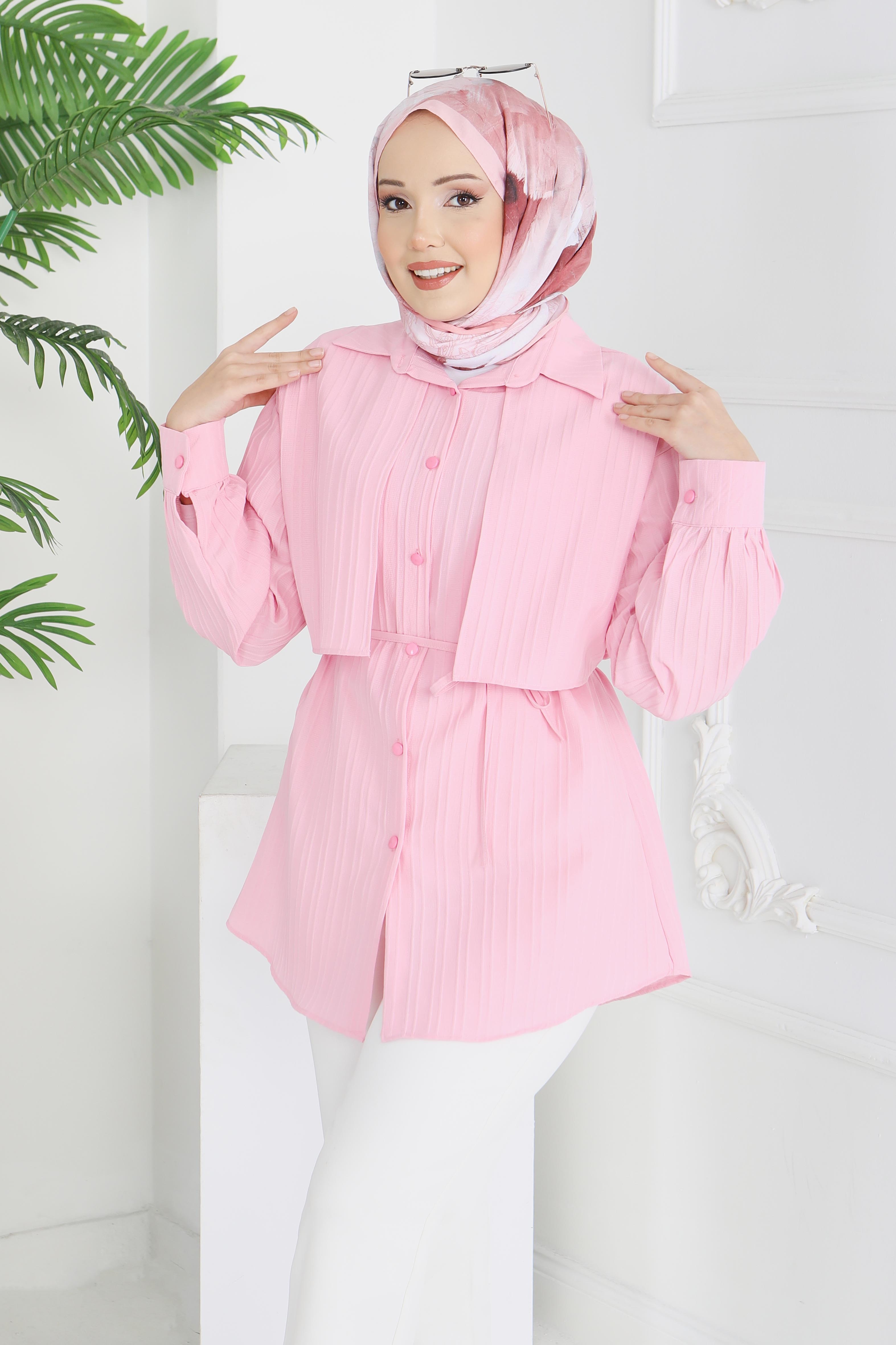 Kuşaklı Pelerin Detaylı Tunik - 28211-PEMBE - 4