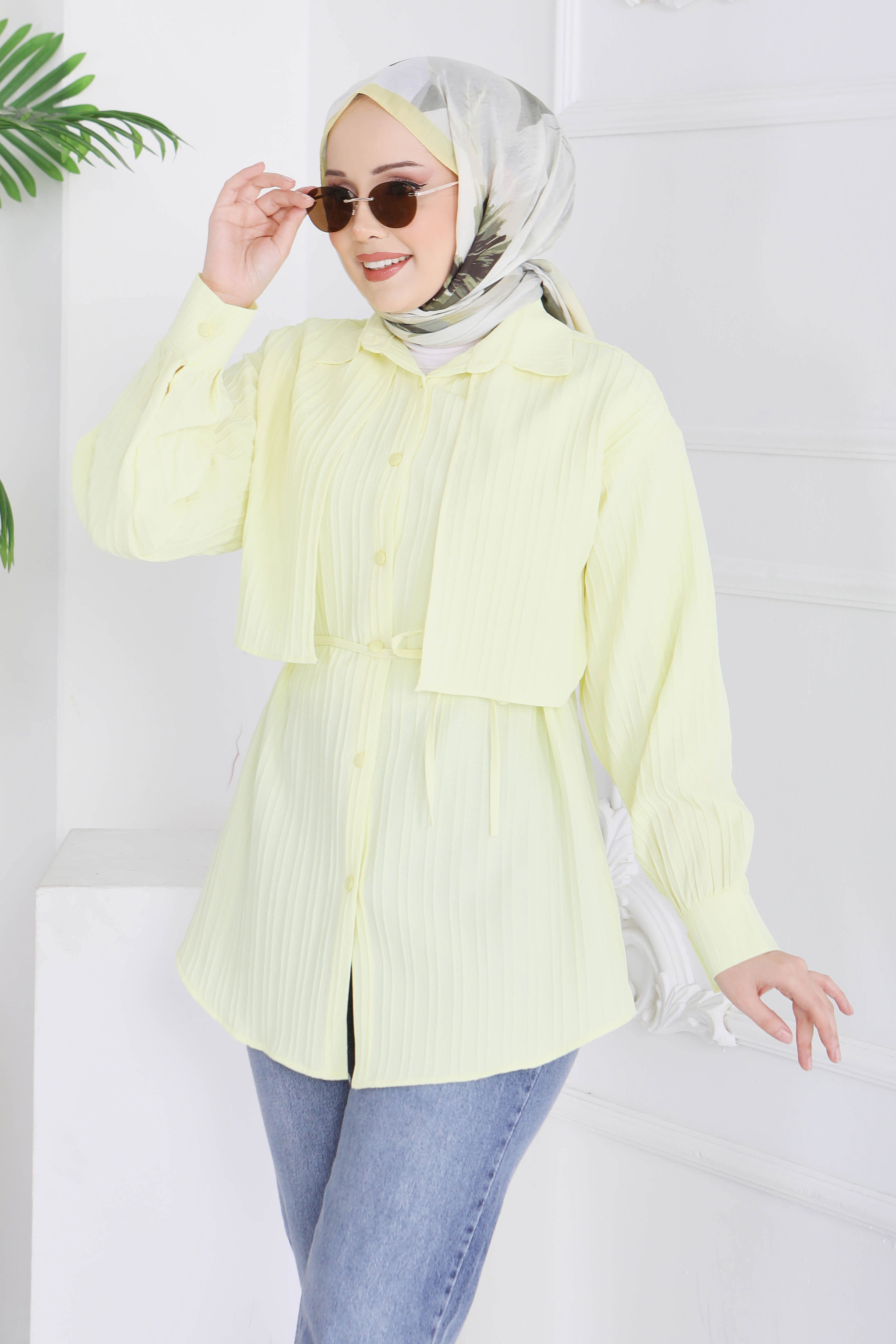 Kuşaklı Pelerin Detaylı Tunik - 28211-SARI - 1