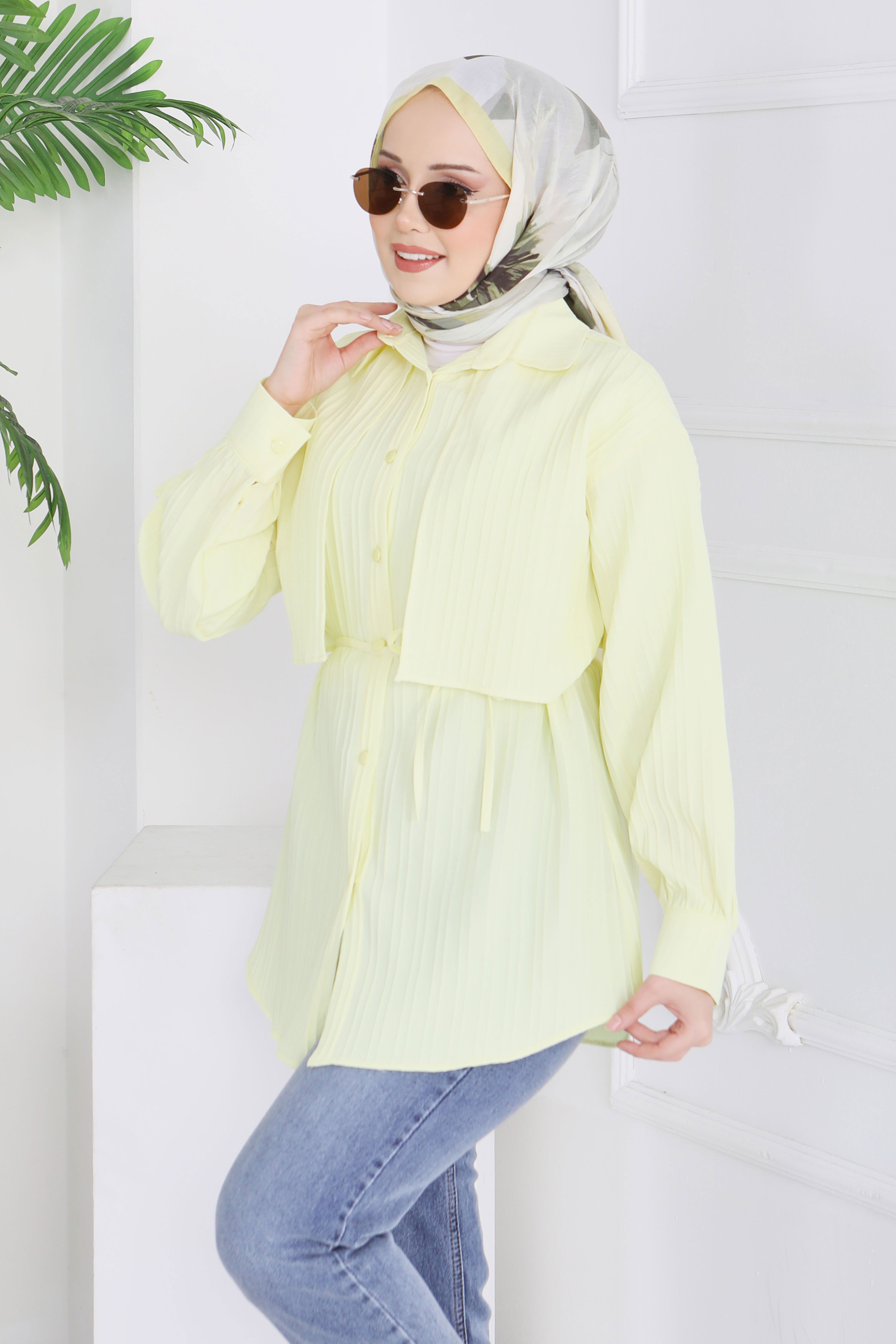 Kuşaklı Pelerin Detaylı Tunik - 28211-SARI - 2