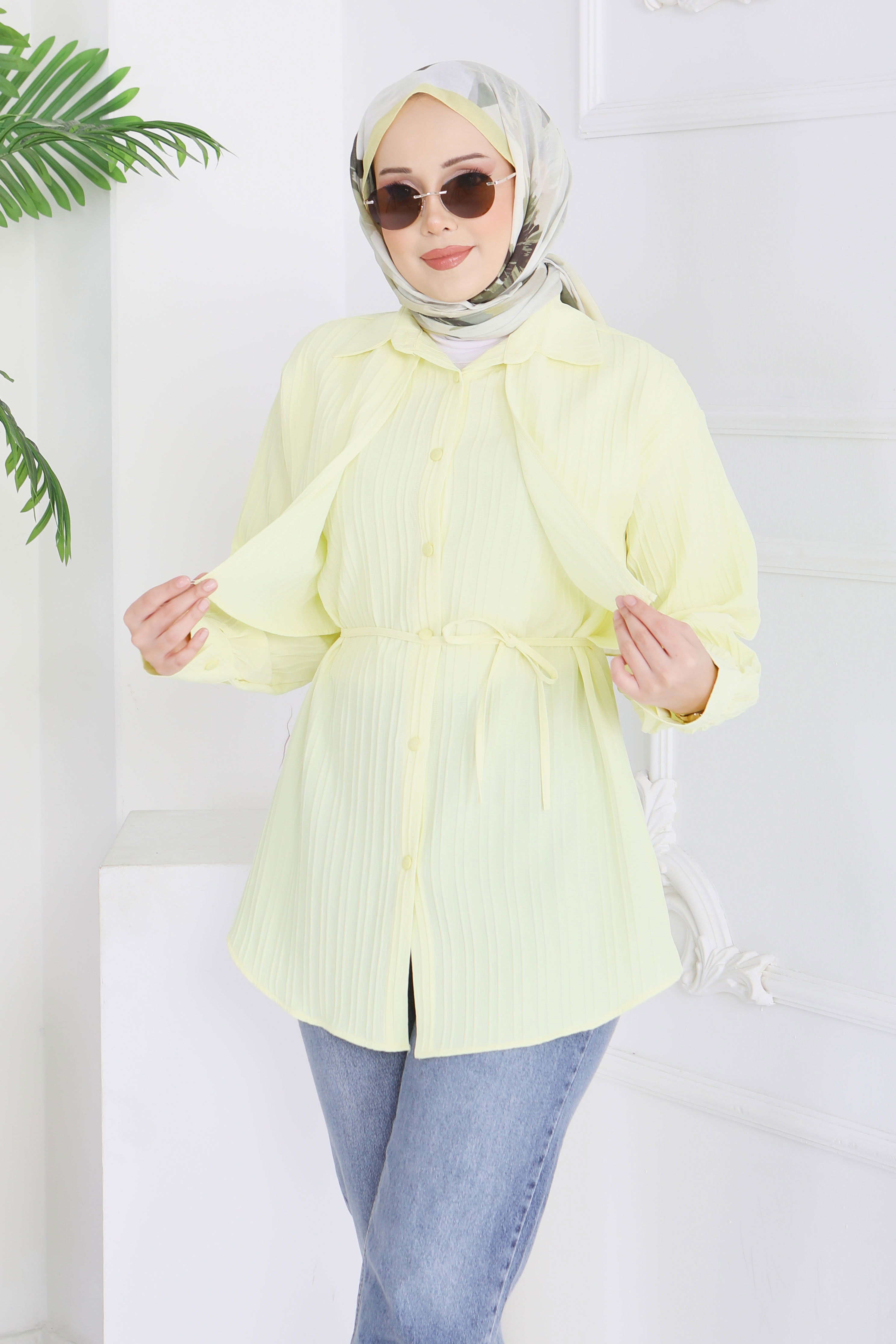 Kuşaklı Pelerin Detaylı Tunik - 28211-SARI - 3