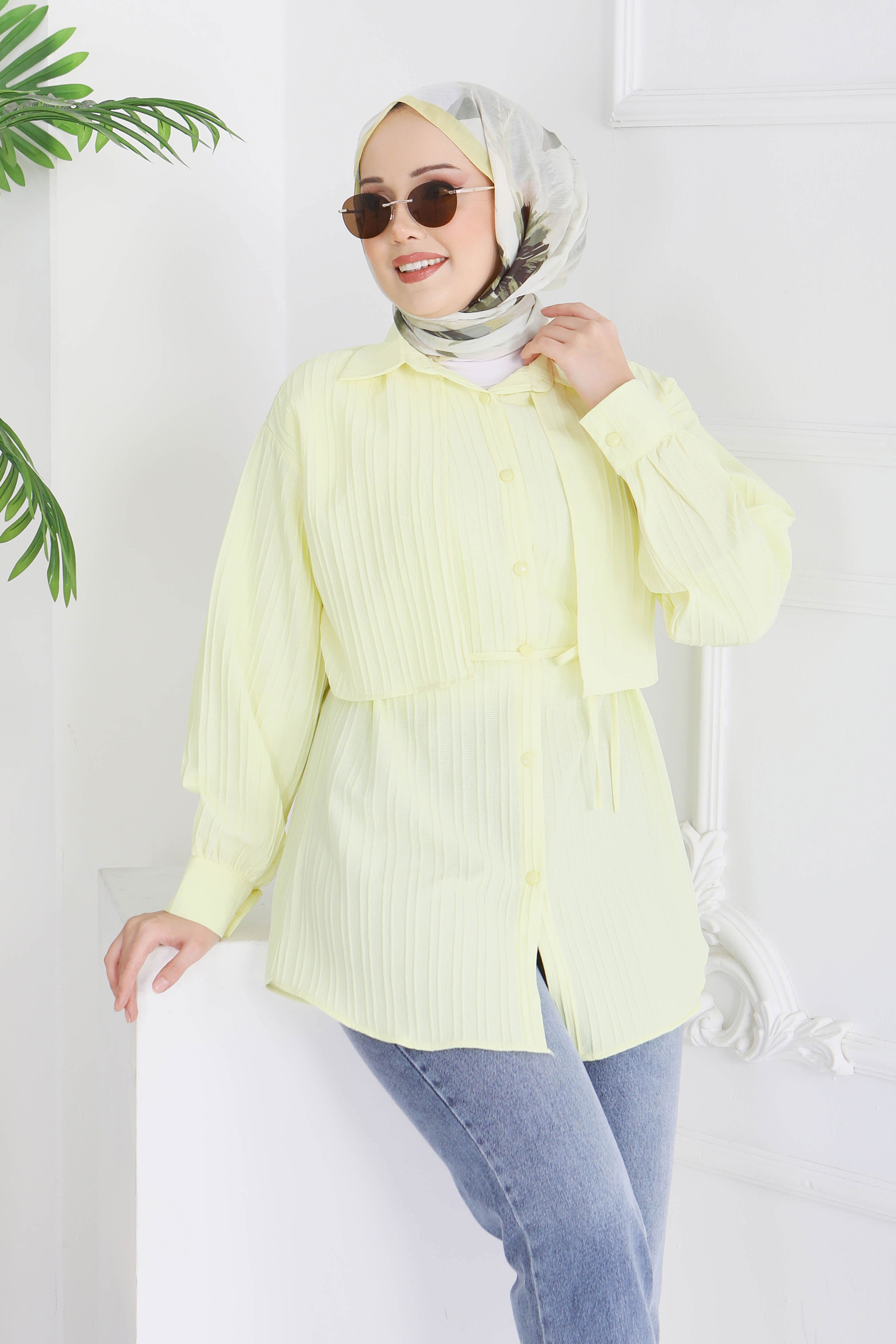 Kuşaklı Pelerin Detaylı Tunik - 28211-SARI - 4