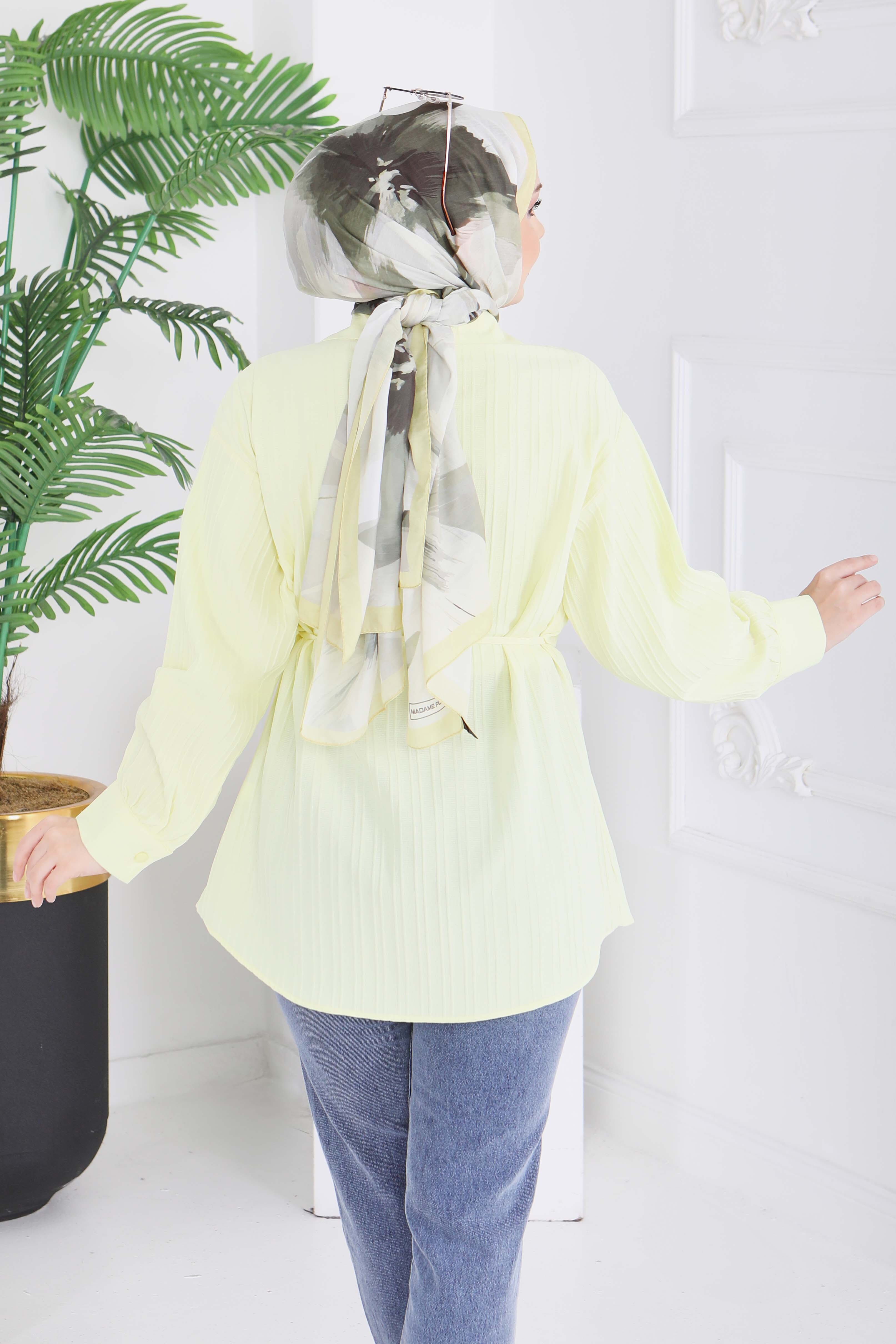 Kuşaklı Pelerin Detaylı Tunik - 28211-SARI - 5