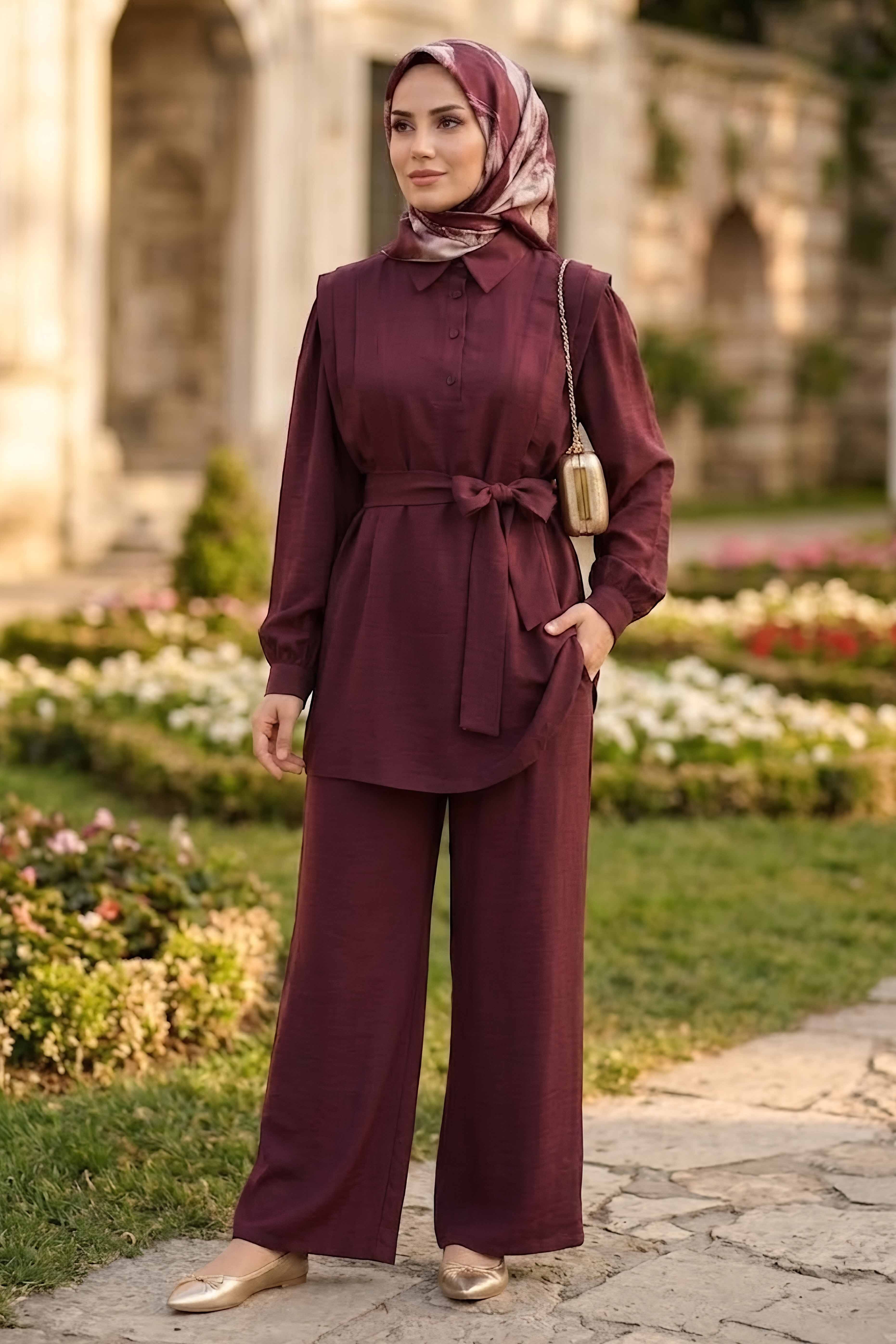 Kuşaklı Pile Detaylı İkili Takım Bordo - 28550-BORDO - 1