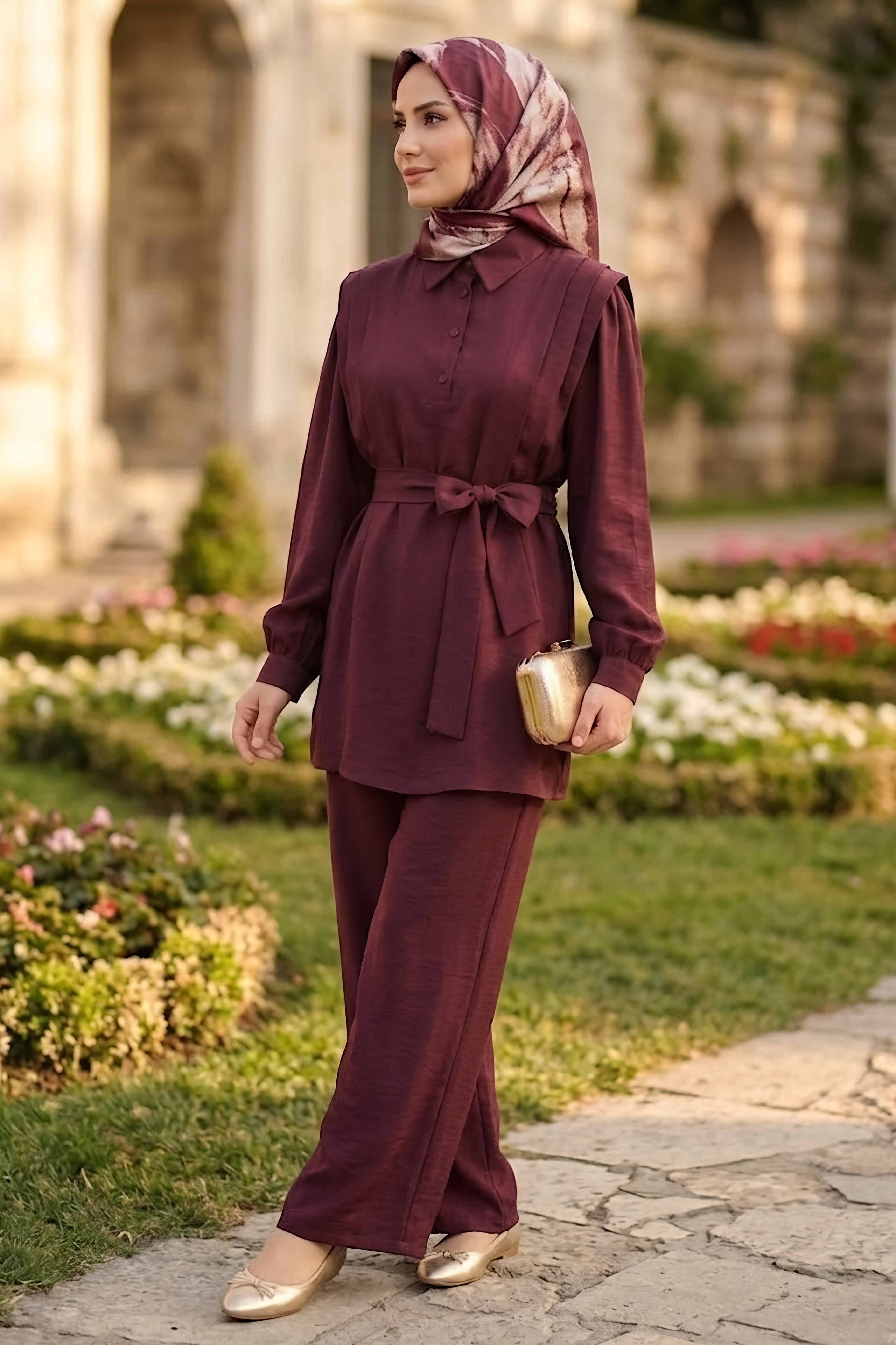 Kuşaklı Pile Detaylı İkili Takım Bordo - 28550-BORDO - 2