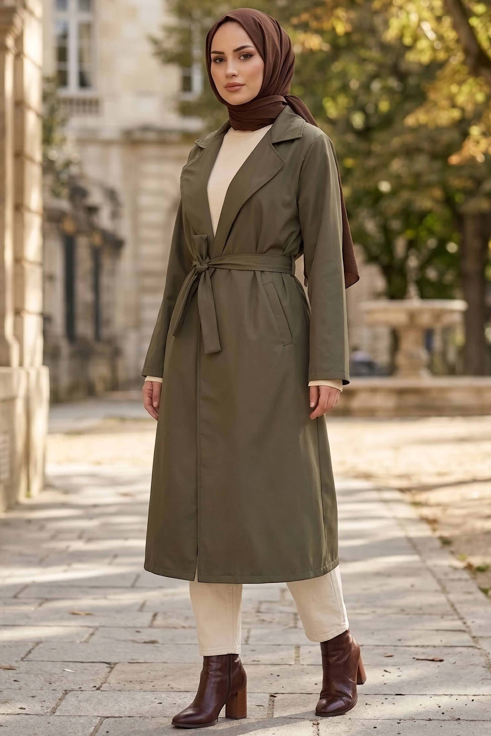Kuşaklı Trençkap Haki - 28979-HAKI - 2