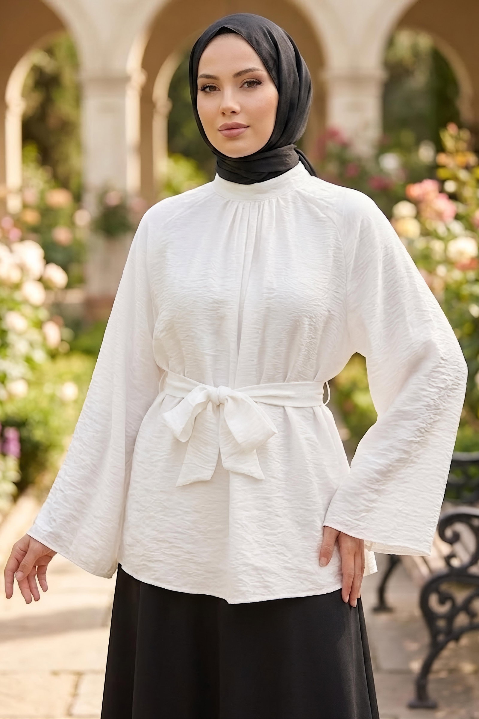 Kuşaklı Yarasa Bluz Beyaz - 28811-BEYAZ - 2