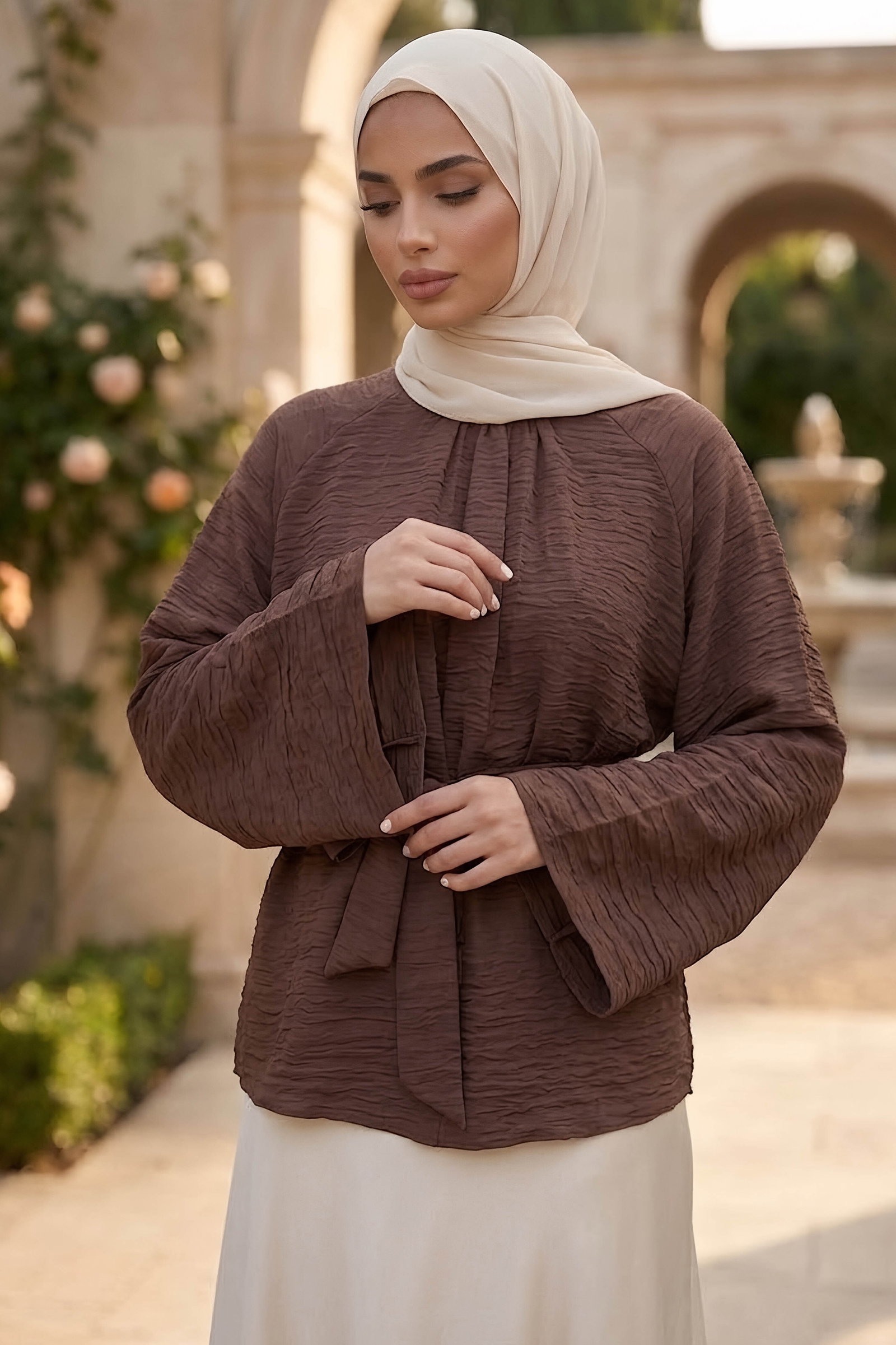 Kuşaklı Yarasa Bluz Kahve - 28811-KAHVE - 3