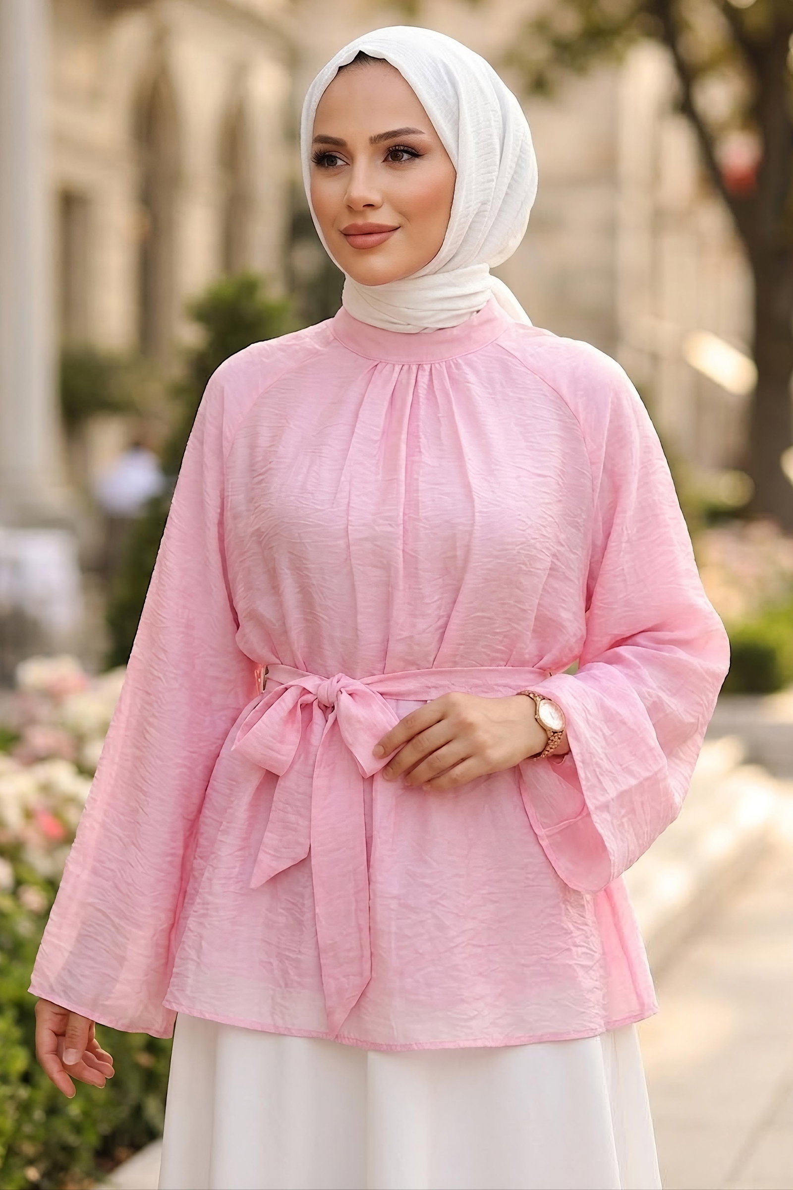 Kuşaklı Yarasa Bluz Pembe - 28811-PEMBE - 1