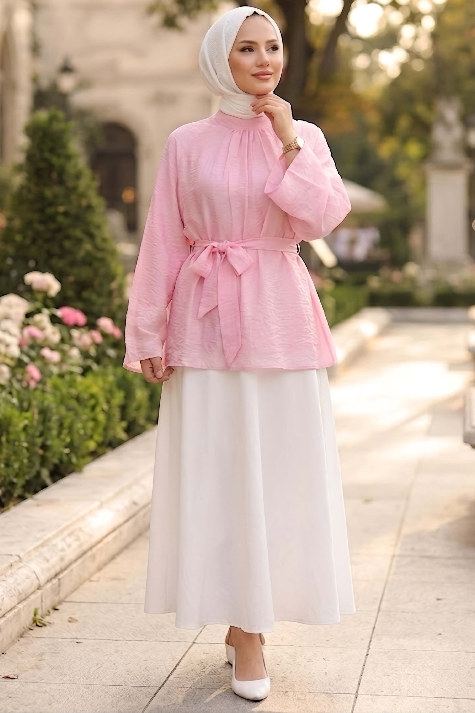 Kuşaklı Yarasa Bluz Pembe - 28811-PEMBE - 2