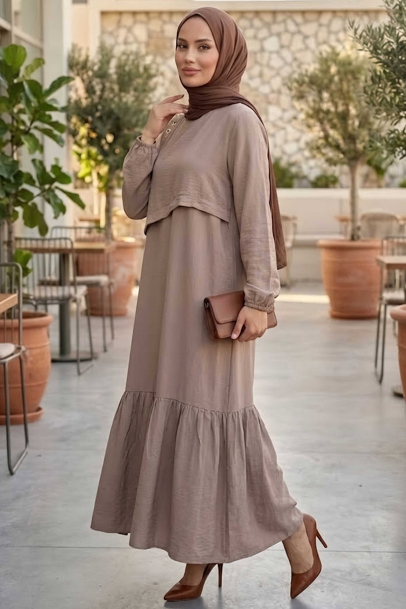 Kuşgözlü Detaylı Elbise Bej - 28976-BEJ - 2