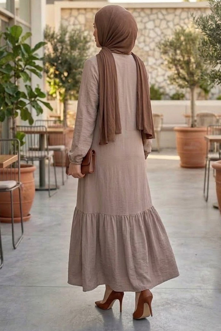 Kuşgözlü Detaylı Elbise Bej - 28976-BEJ - 3