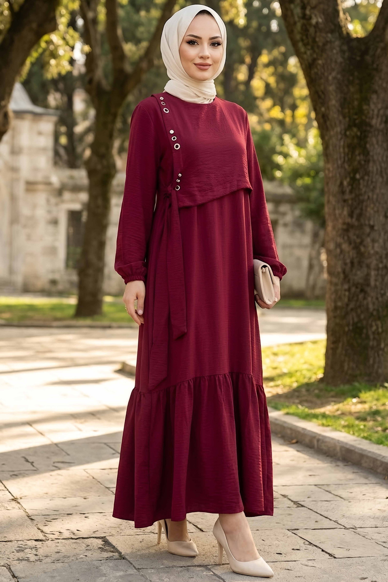 Kuşgözlü Detaylı Elbise Bordo - 28976-BORDO - 1