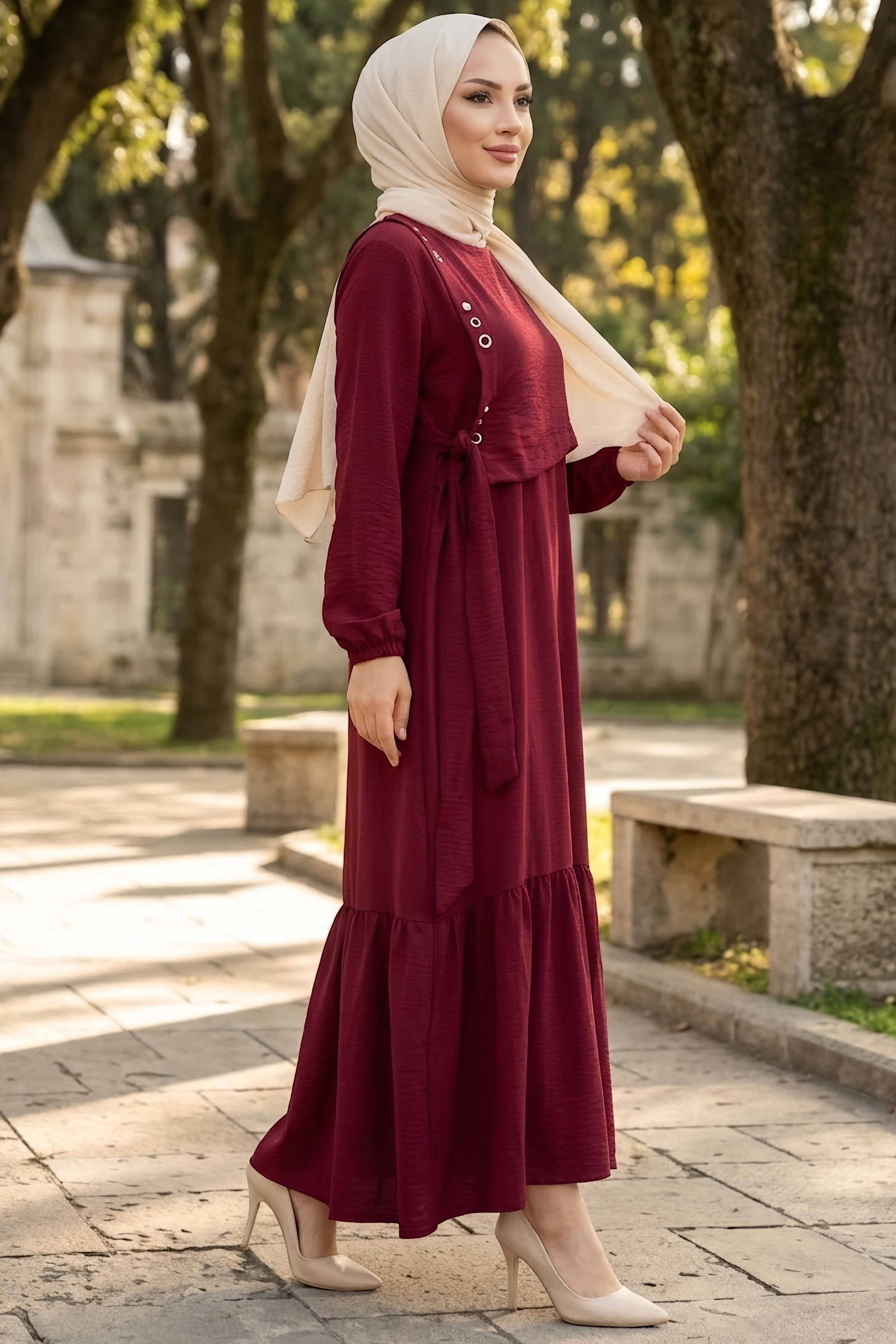 Kuşgözlü Detaylı Elbise Bordo - 28976-BORDO - 2