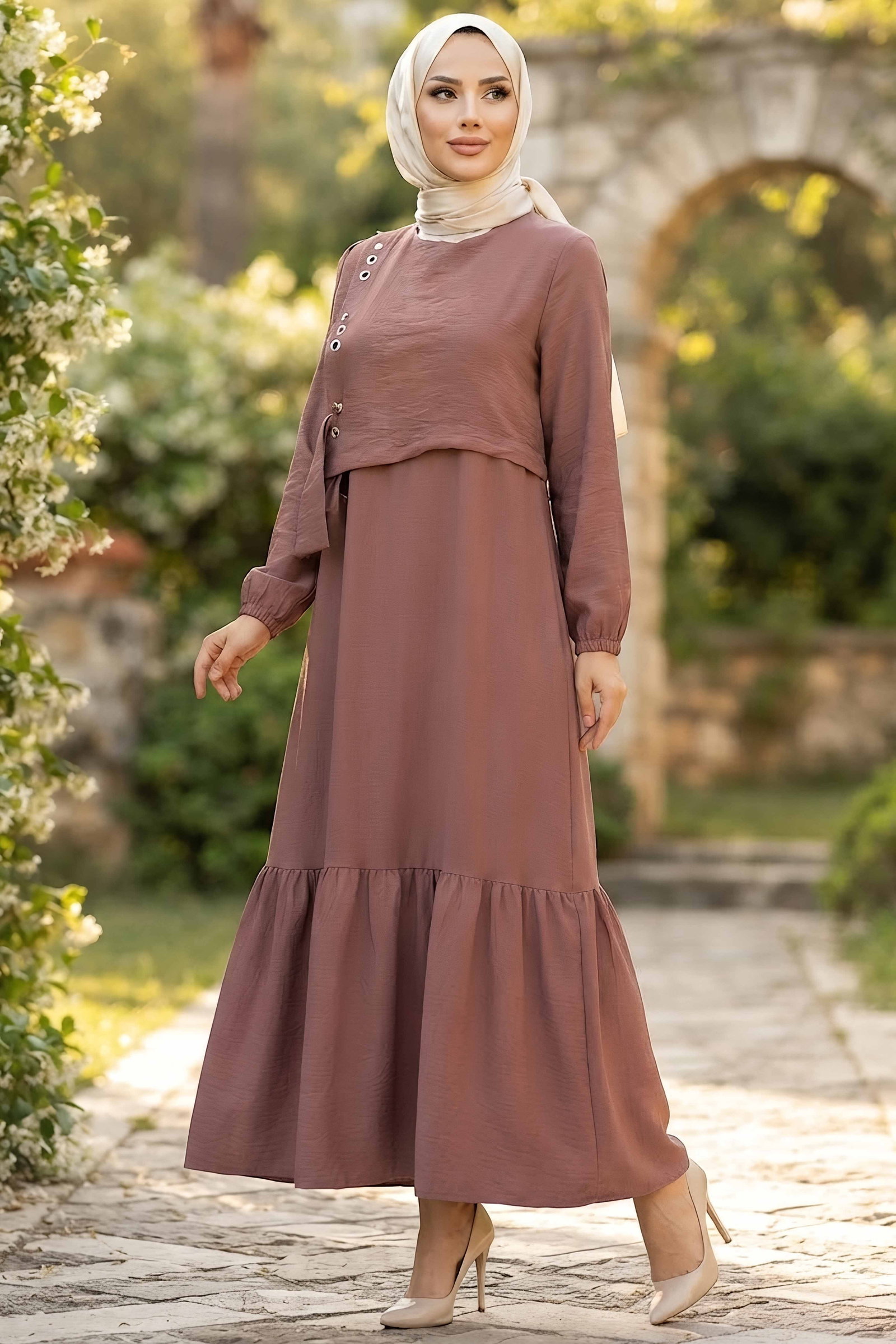 Kuşgözlü Detaylı Elbise Gül - 28976-GUL - 1