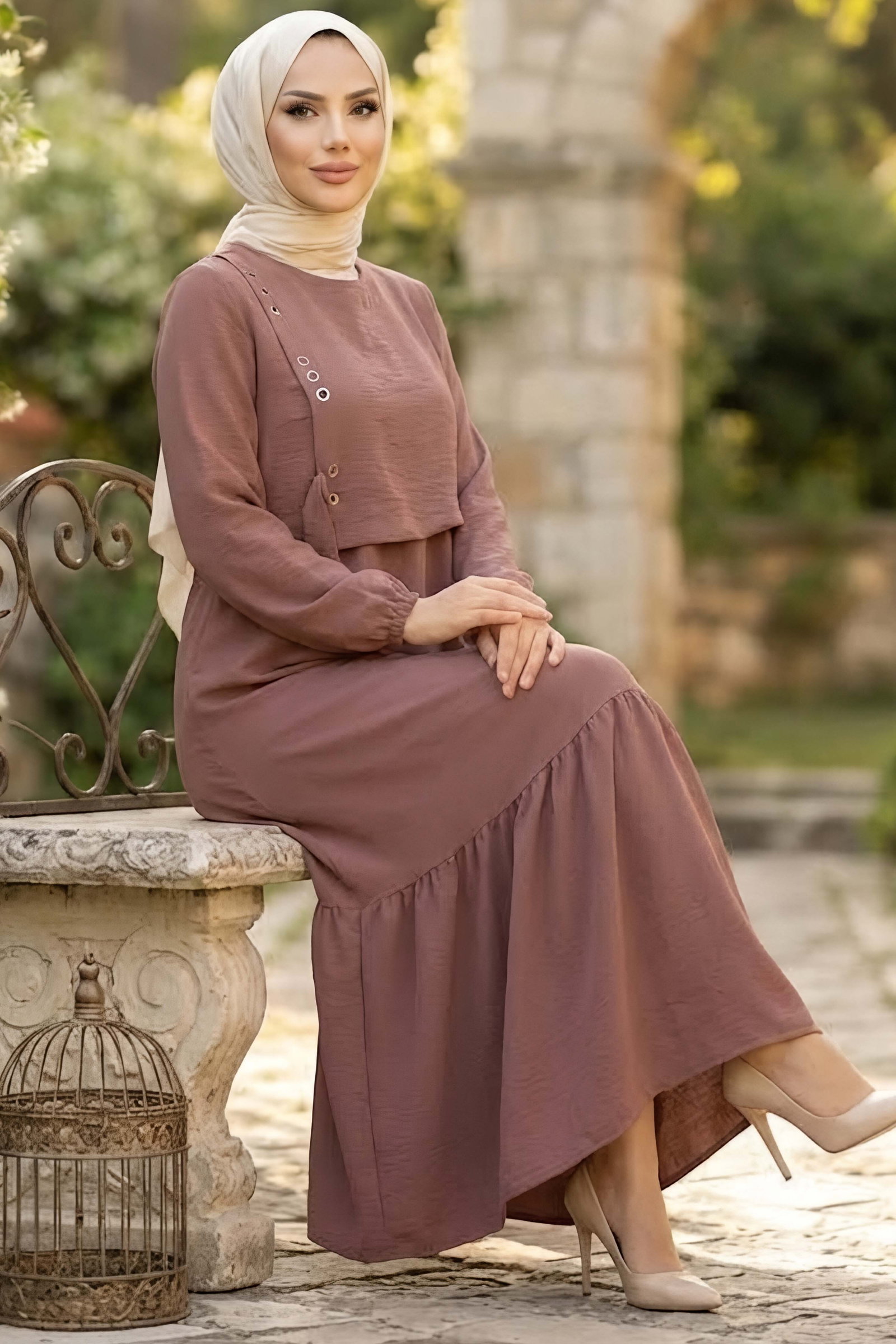 Kuşgözlü Detaylı Elbise Gül - 28976-GUL - 2