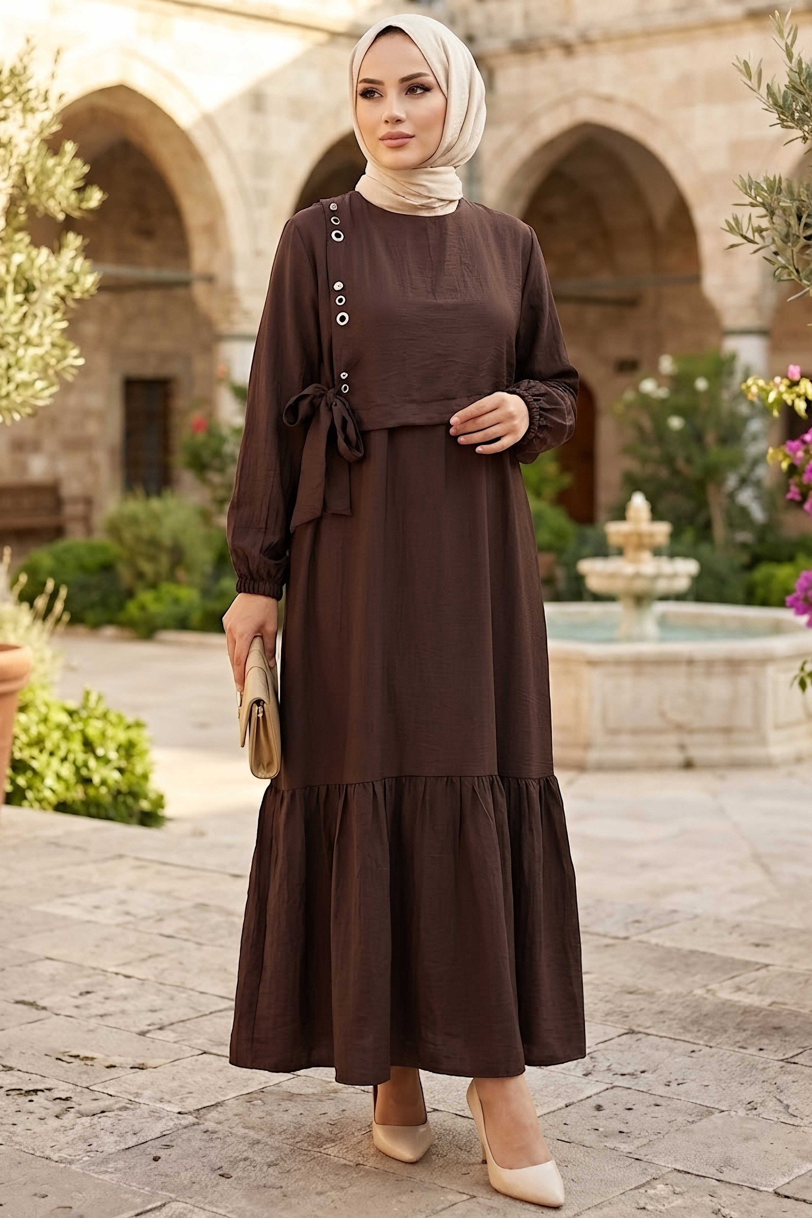 Kuşgözlü Detaylı Elbise Kahve - 28976-KAHVE - 1