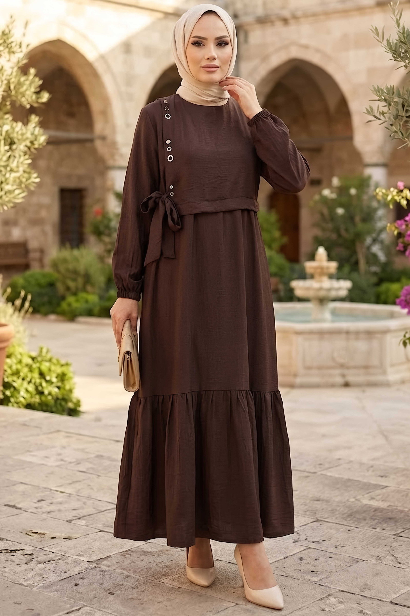 Kuşgözlü Detaylı Elbise Kahve - 28976-KAHVE - 2