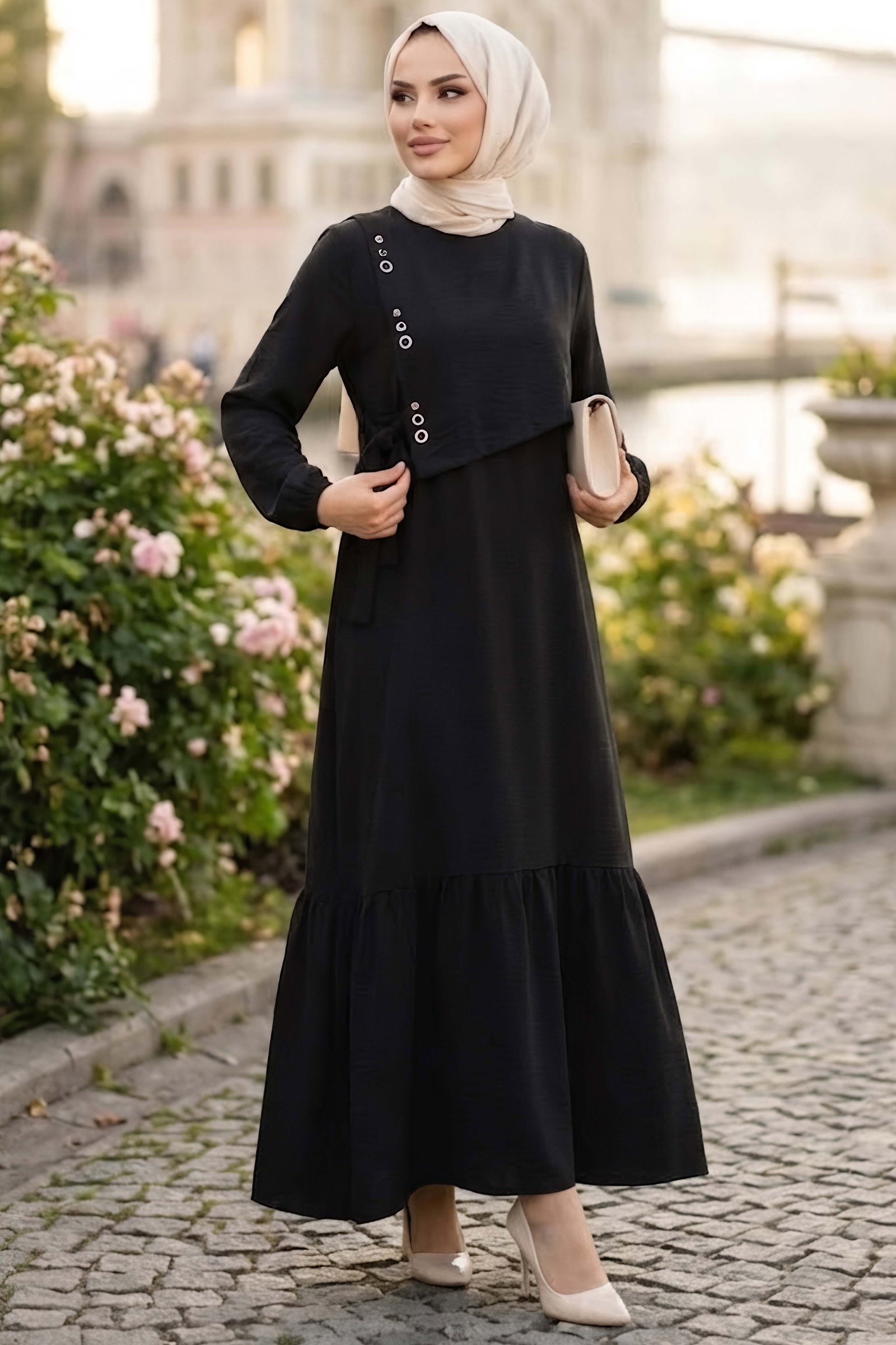 Kuşgözlü Detaylı Elbise Siyah - 28976-SIYAH - 1
