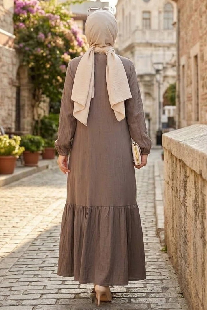 Kuşgözlü Detaylı Elbise Vizon - 28976-VIZON - 3