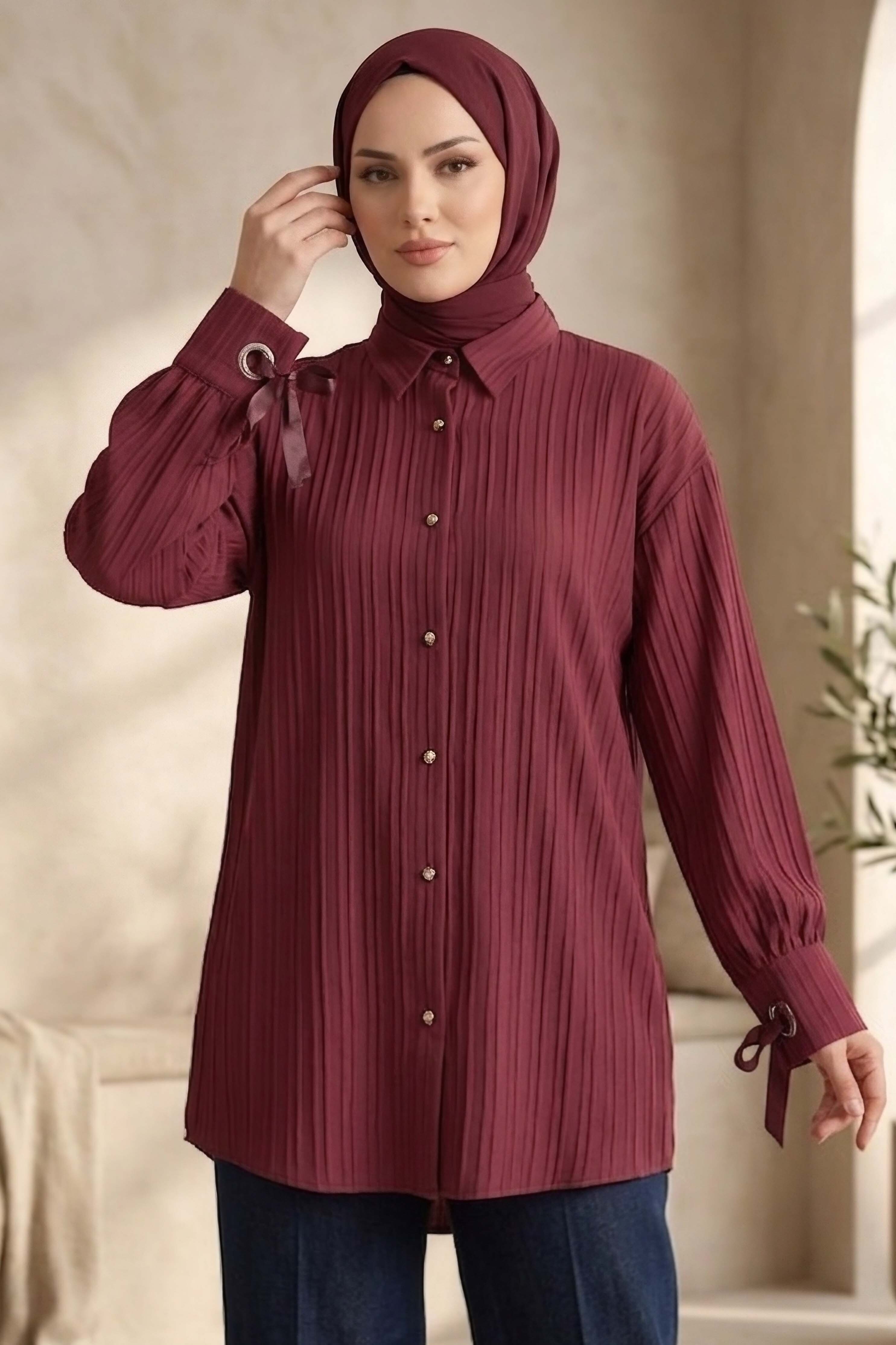 Kuşgözlü Detaylı Tunik Bordo - 2103-BORDO - 2