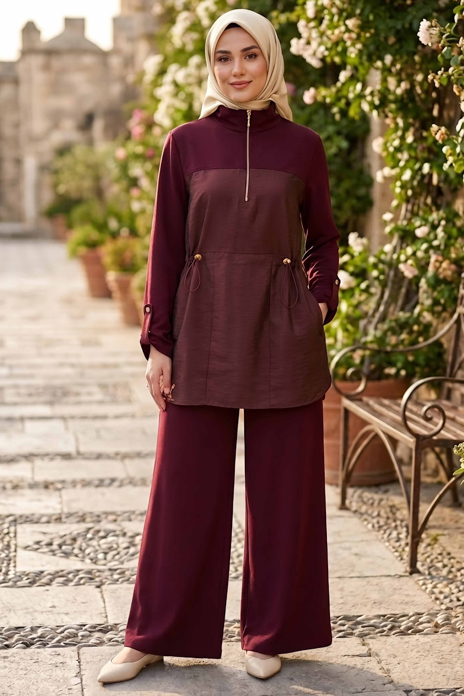 Lastik Detaylı Cepli Oysh Modal Takım Bordo - 28924-BORDO - 1