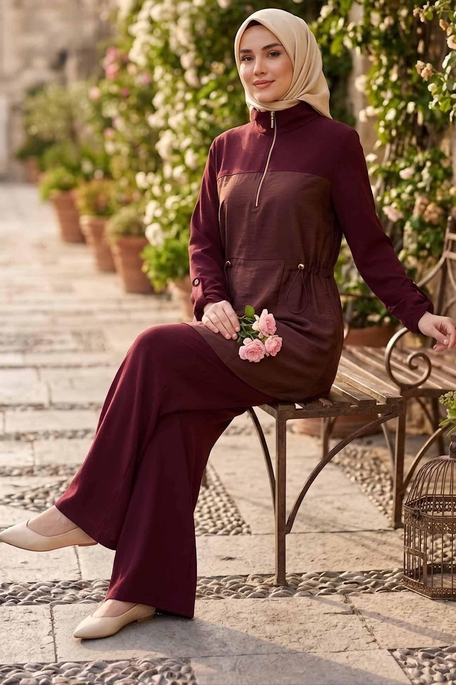 Lastik Detaylı Cepli Oysh Modal Takım Bordo - 28924-BORDO - 2