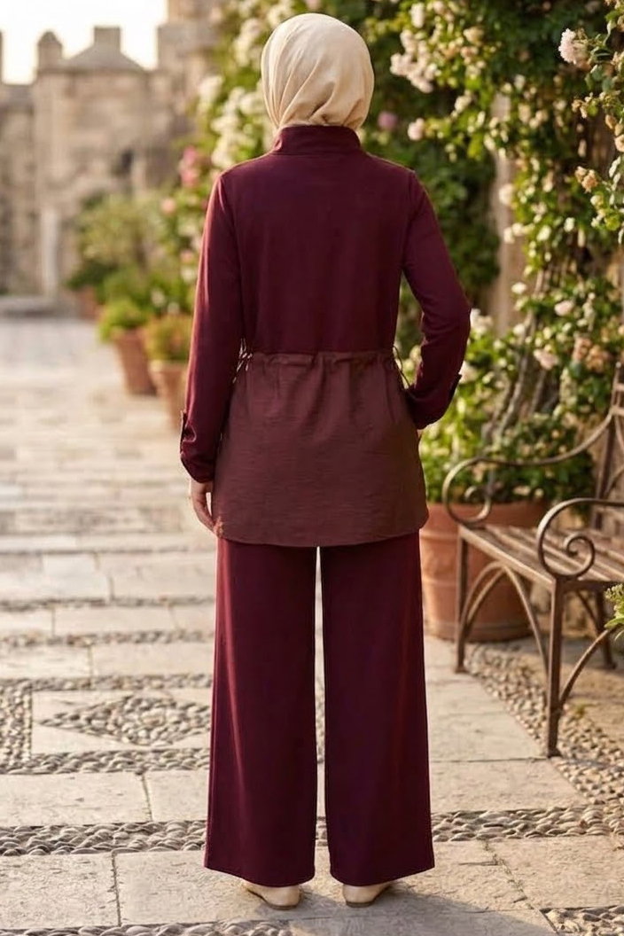 Lastik Detaylı Cepli Oysh Modal Takım Bordo - 28924-BORDO - 3