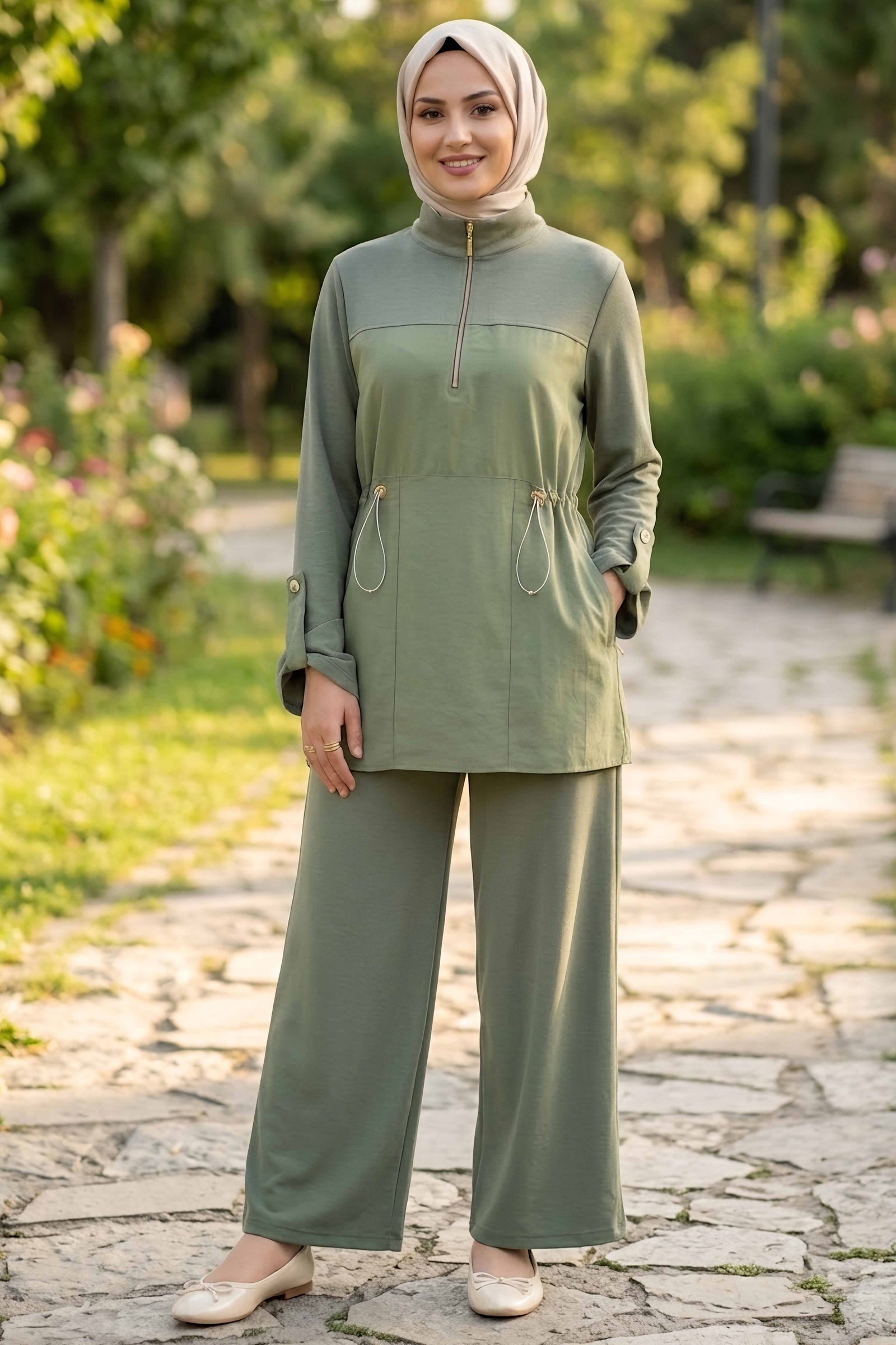 Lastik Detaylı Cepli Oysh Modal Takım Haki - 28924-HAKI - 1