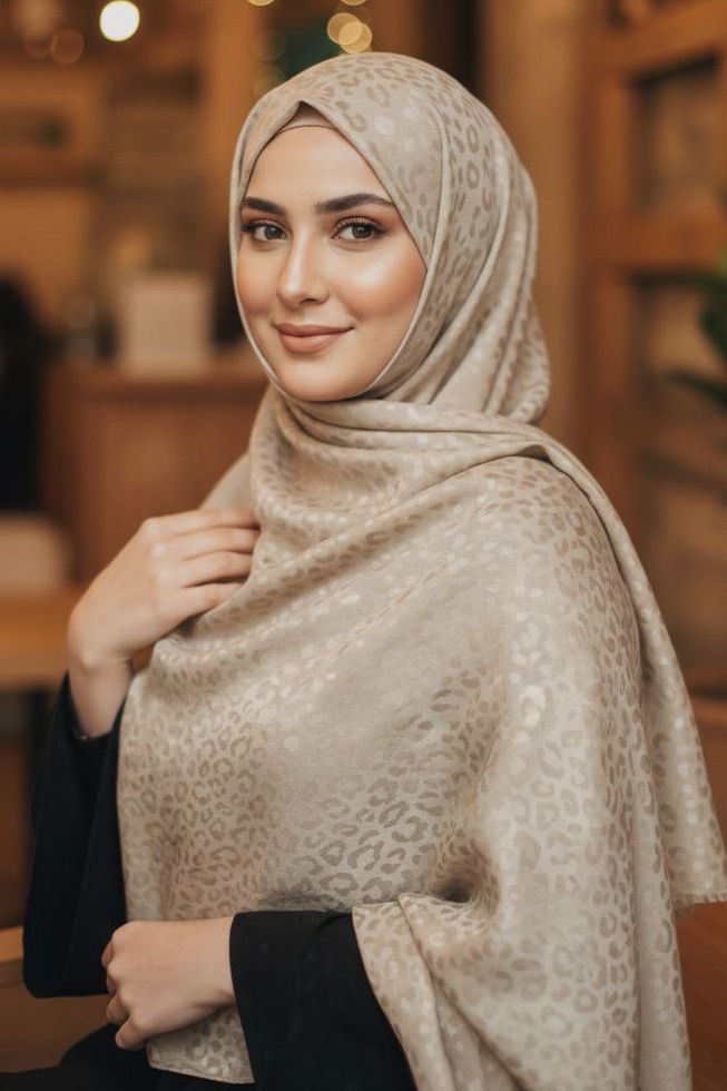 Leopar Desen Ayrobin Pamuklu Jakar Şal - 28203-BEJ - 1