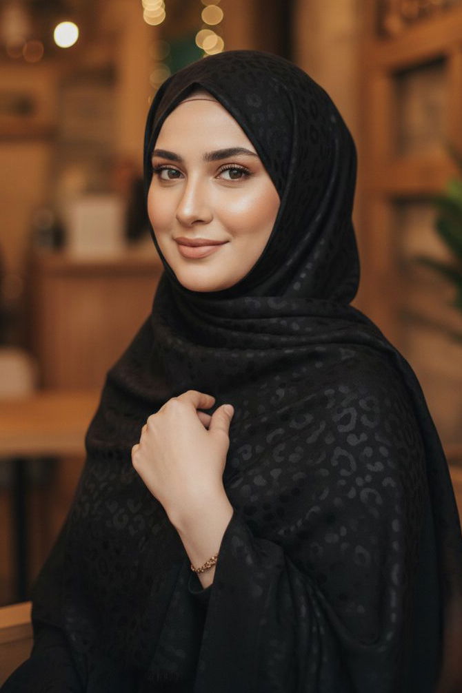 Leopar Desen Ayrobin Pamuklu Jakar Şal - 28203-SIYAH - 1