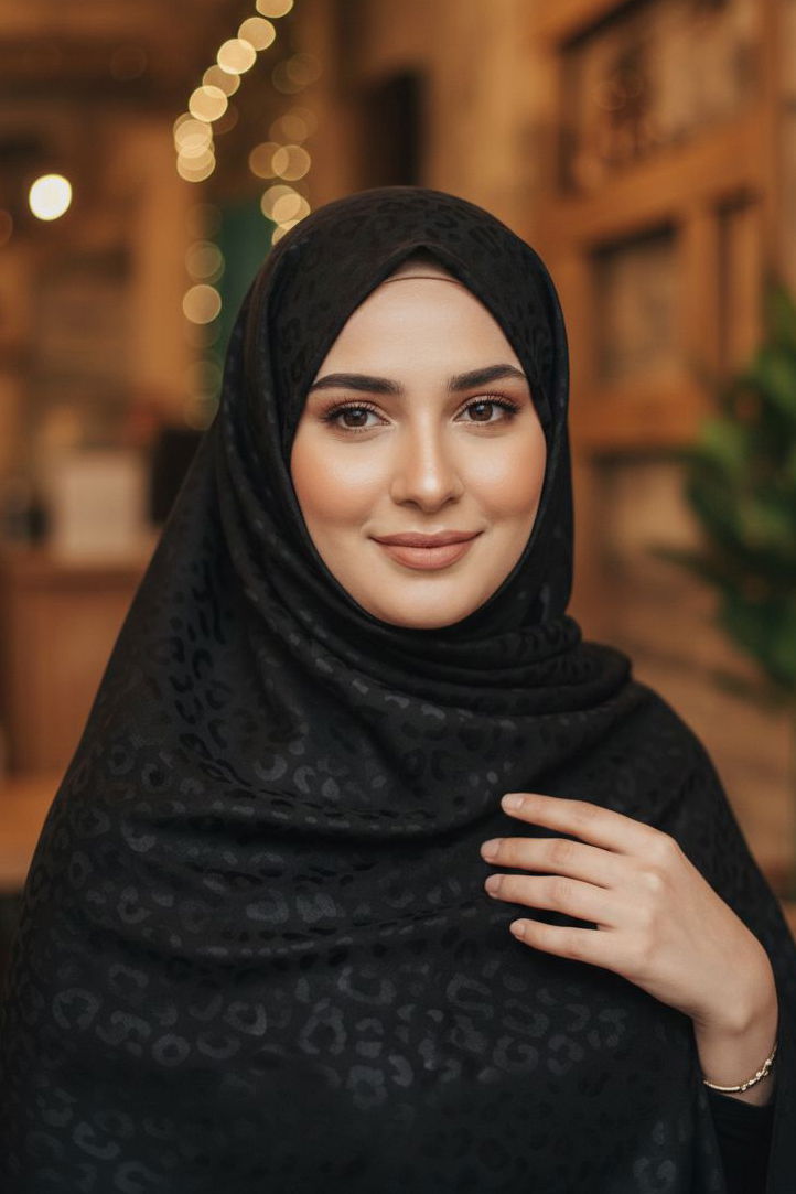 Leopar Desen Ayrobin Pamuklu Jakar Şal - 28203-SIYAH - 2