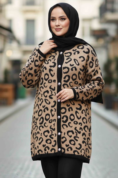 Leopar Desenli Düğmeli Yünlü Triko Hırka - 28192-VIZON 