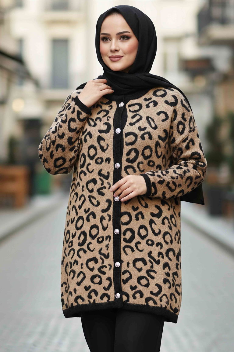 Leopar Desenli Düğmeli Yünlü Triko Hırka - 28192-VIZON - TOFİSA