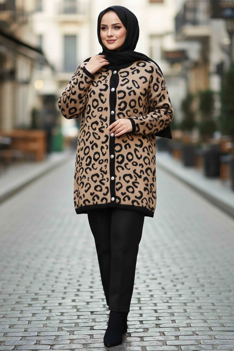 Leopar Desenli Düğmeli Yünlü Triko Hırka - 28192-VIZON - TOFİSA