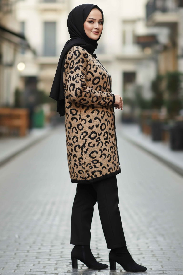 Leopar Desenli Düğmeli Yünlü Triko Hırka - 28192-VIZON - TOFİSA