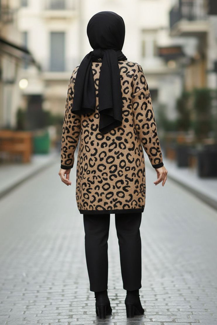 Leopar Desenli Düğmeli Yünlü Triko Hırka - 28192-VIZON - TOFİSA