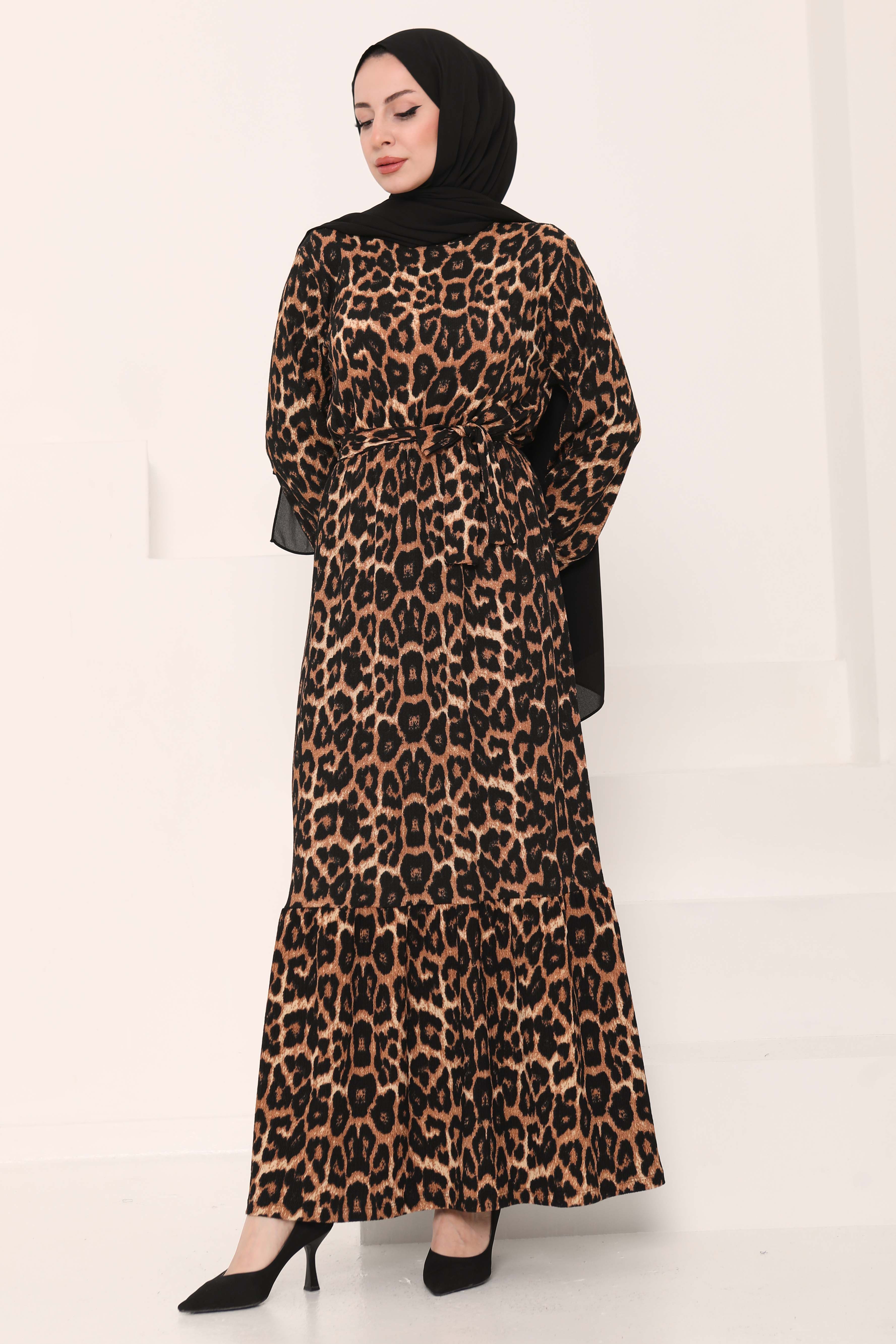 Leopar Desenli Elbise Taba - 27005 - 1